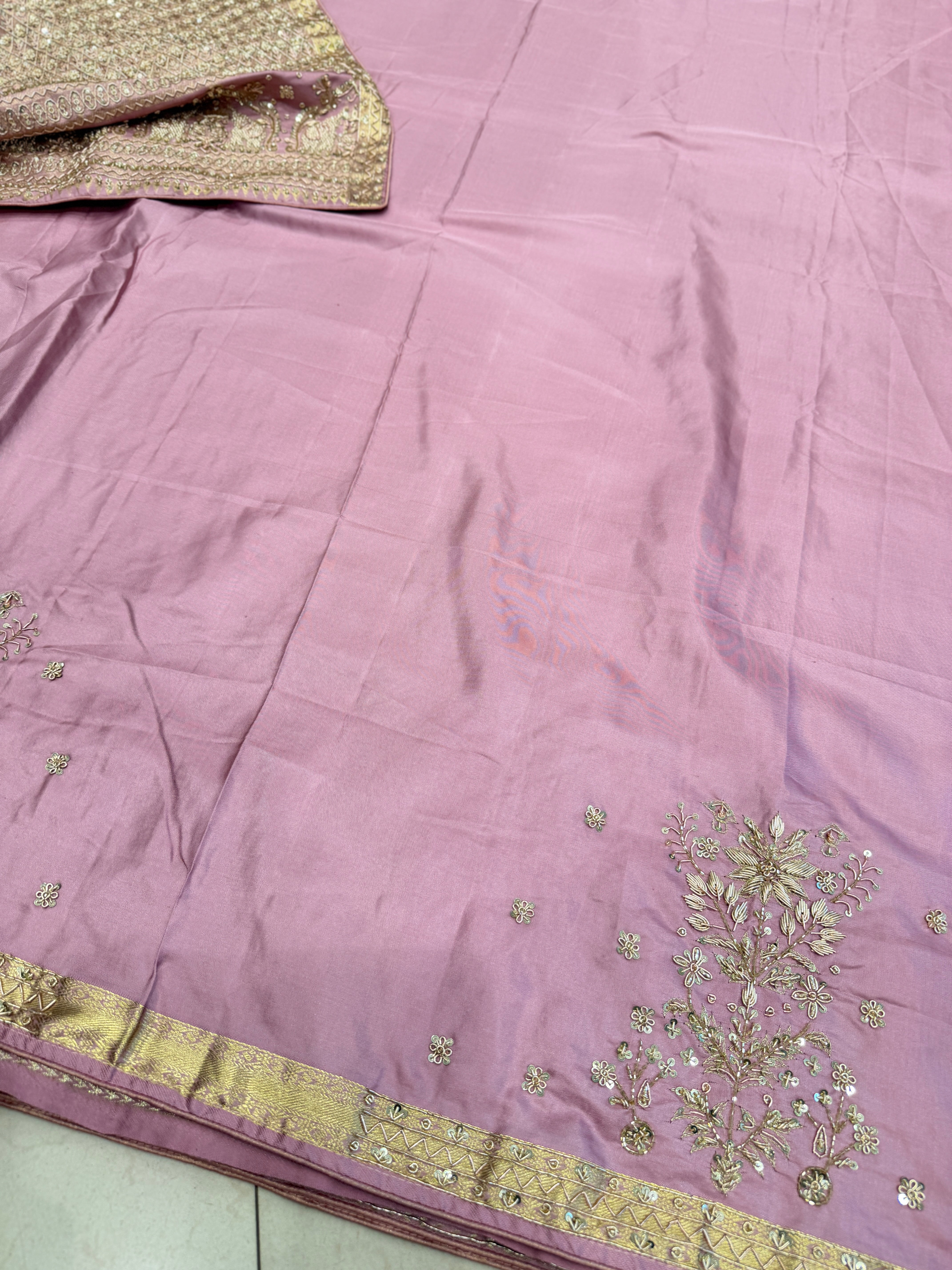 Light Pink Kanjivaram Elephant Motif Zardosi Hand Embroidery Saree
