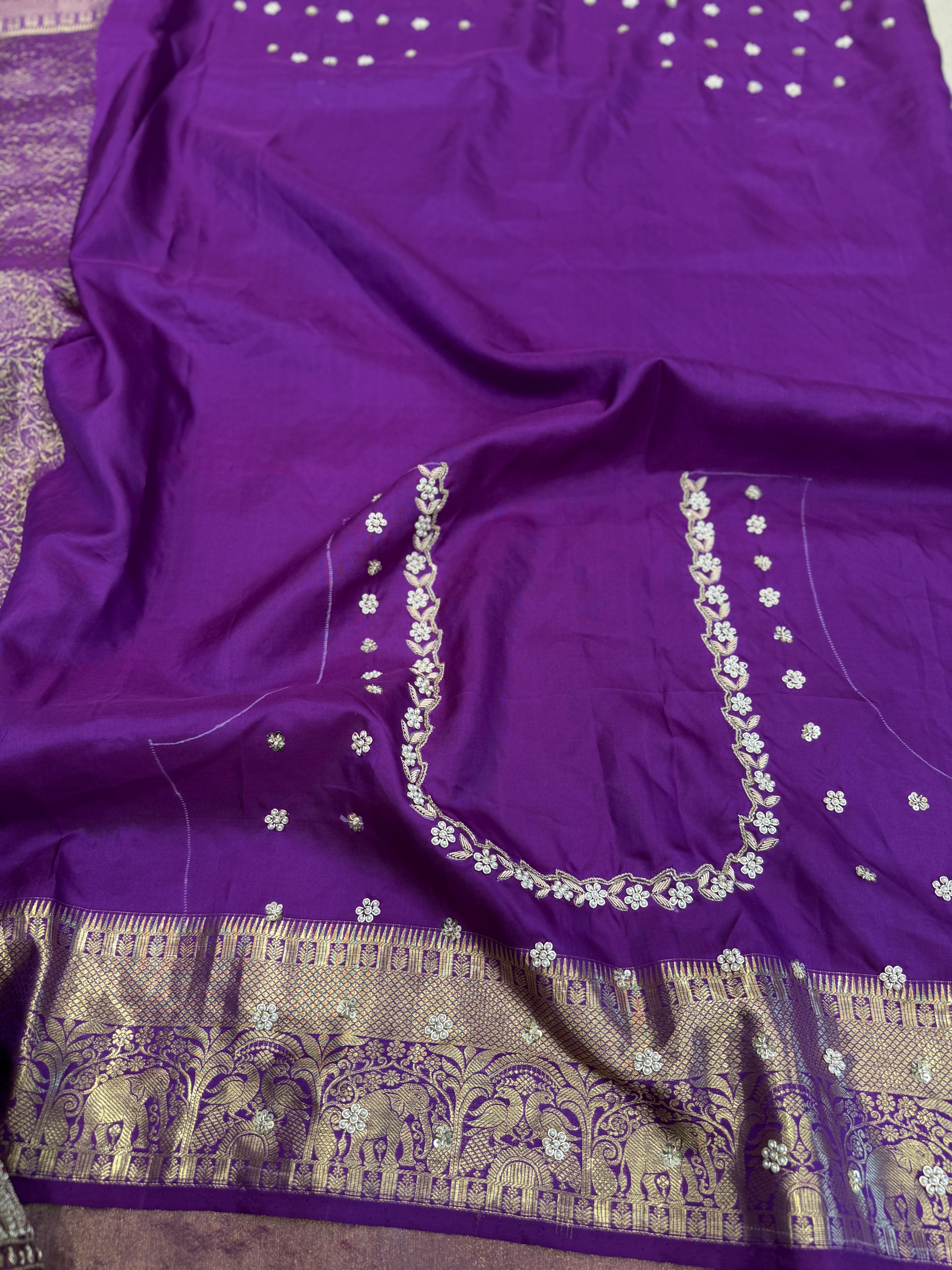 Violet Kanjivaram Elephant Motif Hand Embroidery Zardosi Saree