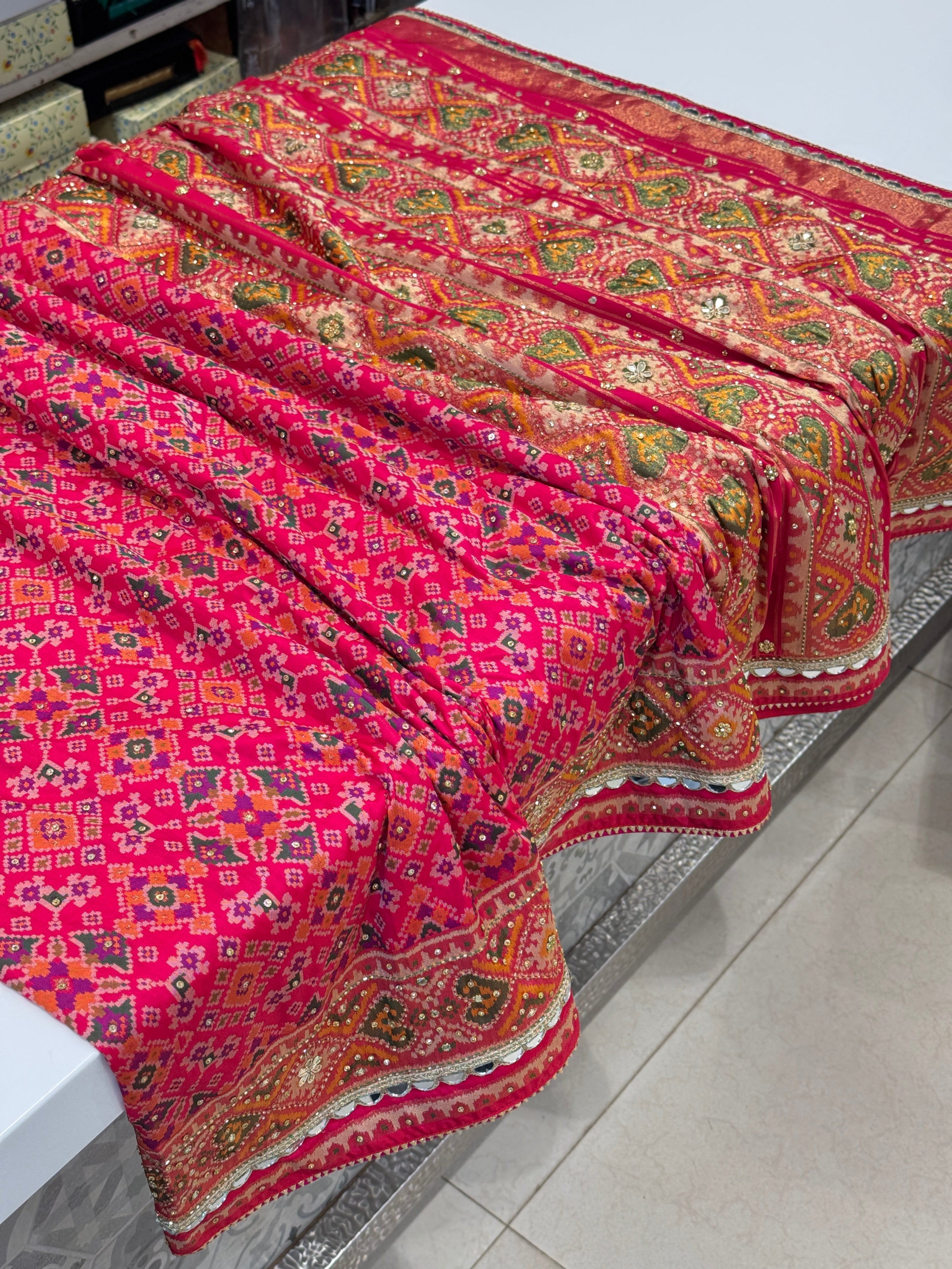 Rani Pink Patola Hand Embroidery Saree with Real Mirrors