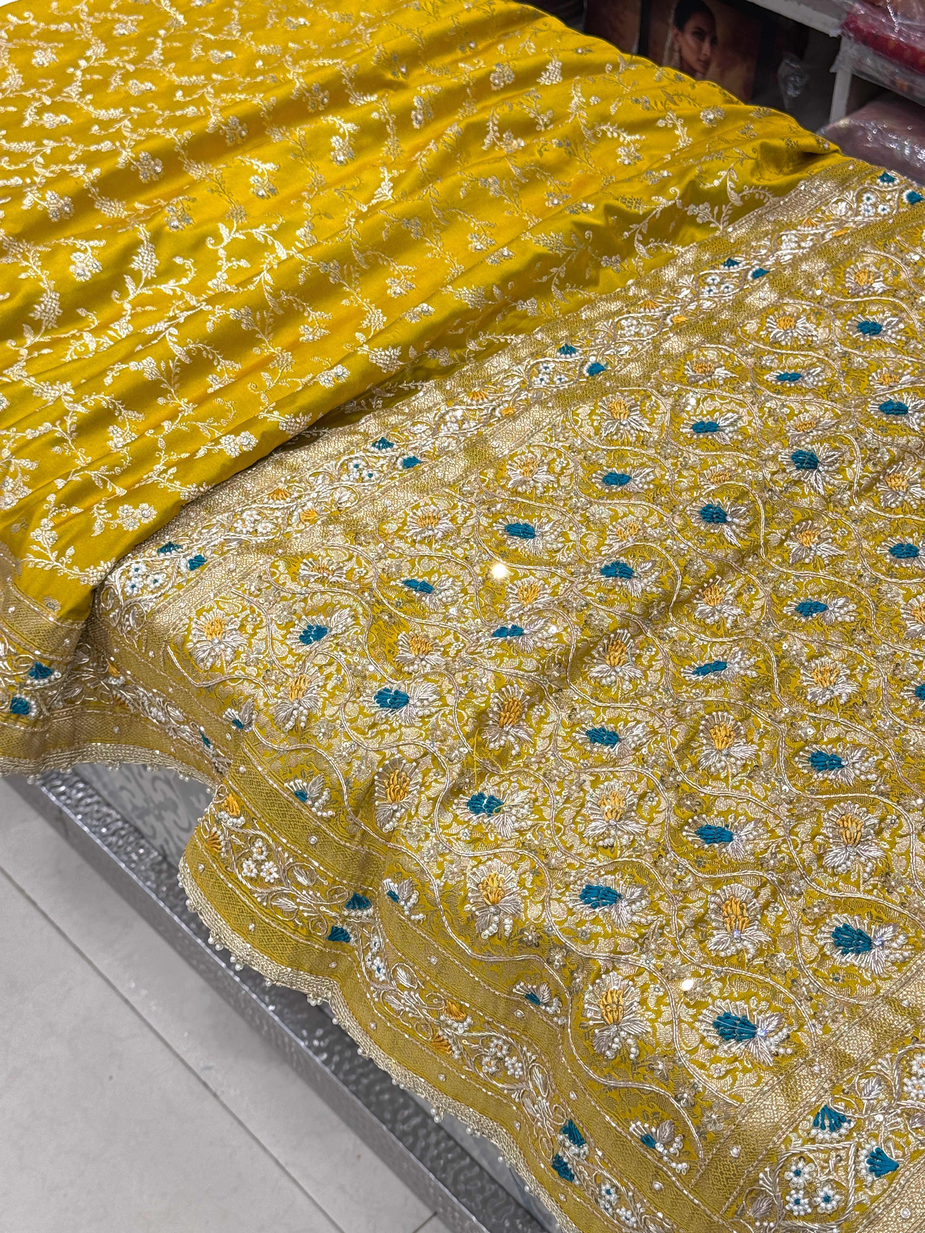 Yellowish Green Banarasi Jaal Dual Resham Hand Embroidery Saree