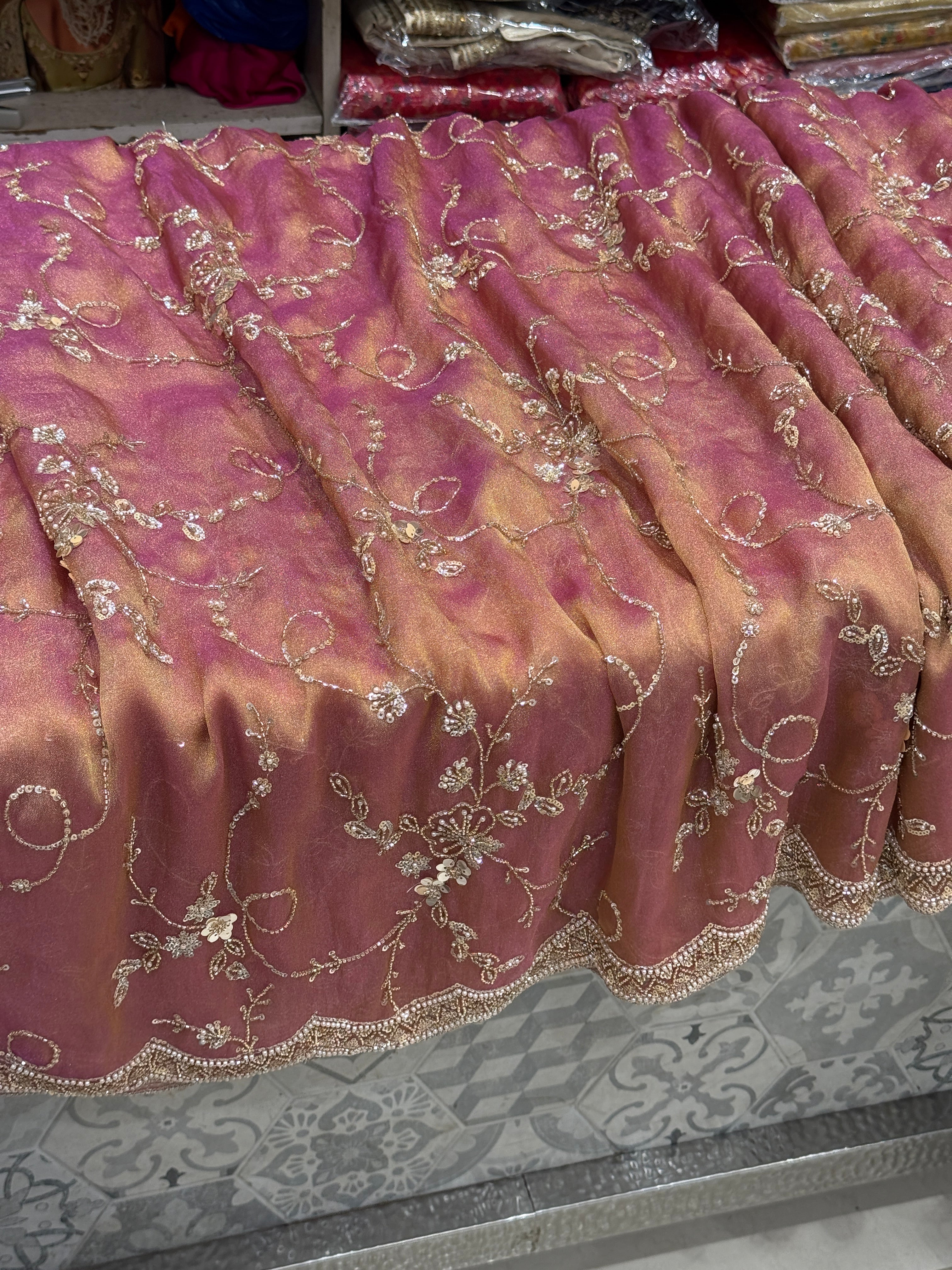 Peach Soft Tissue Moti Embroidery Jaal Saree