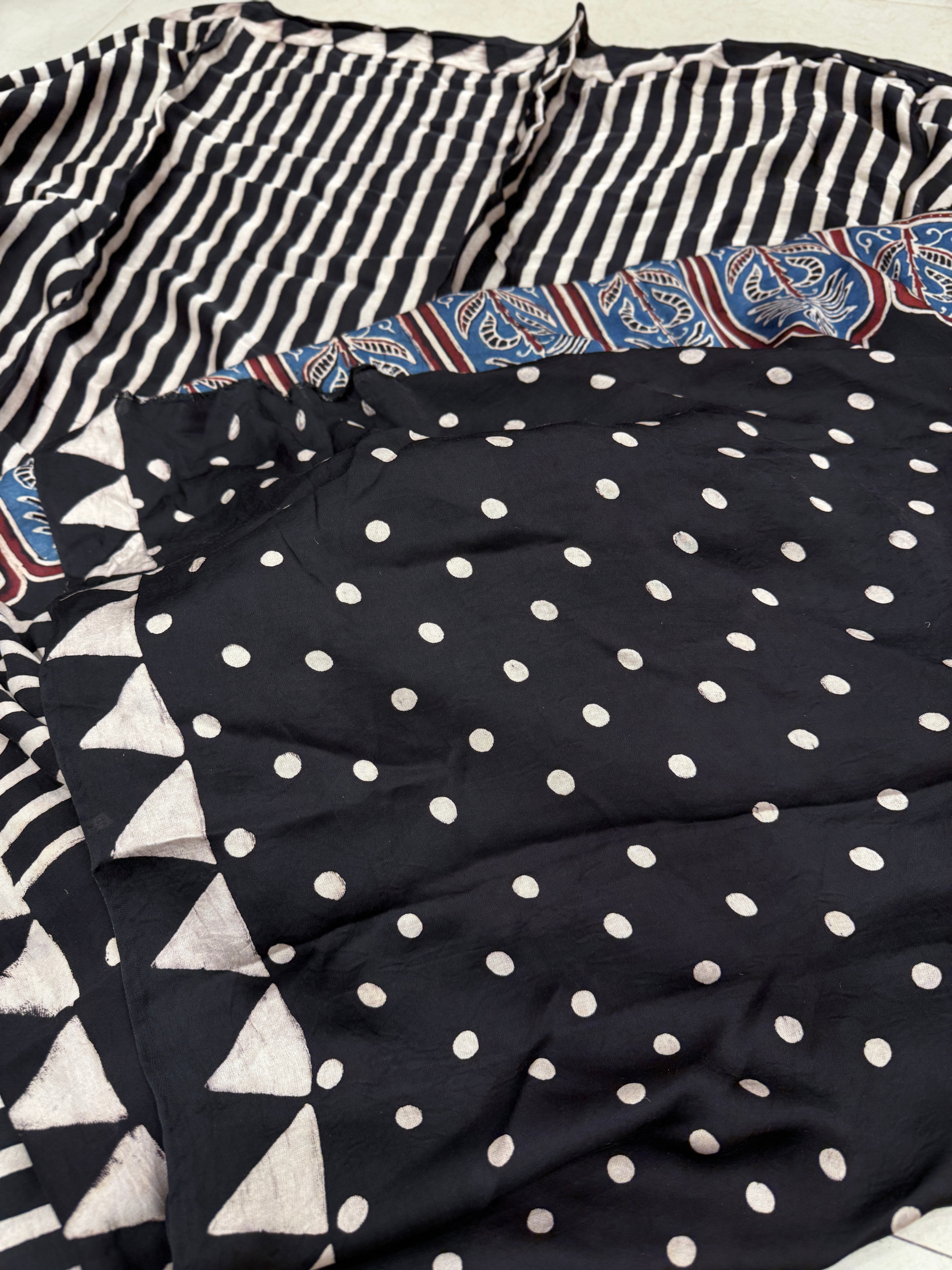 Black n White Lagdi Pata Ajrakh Hand Block Print Pure Gajji Silk Saree