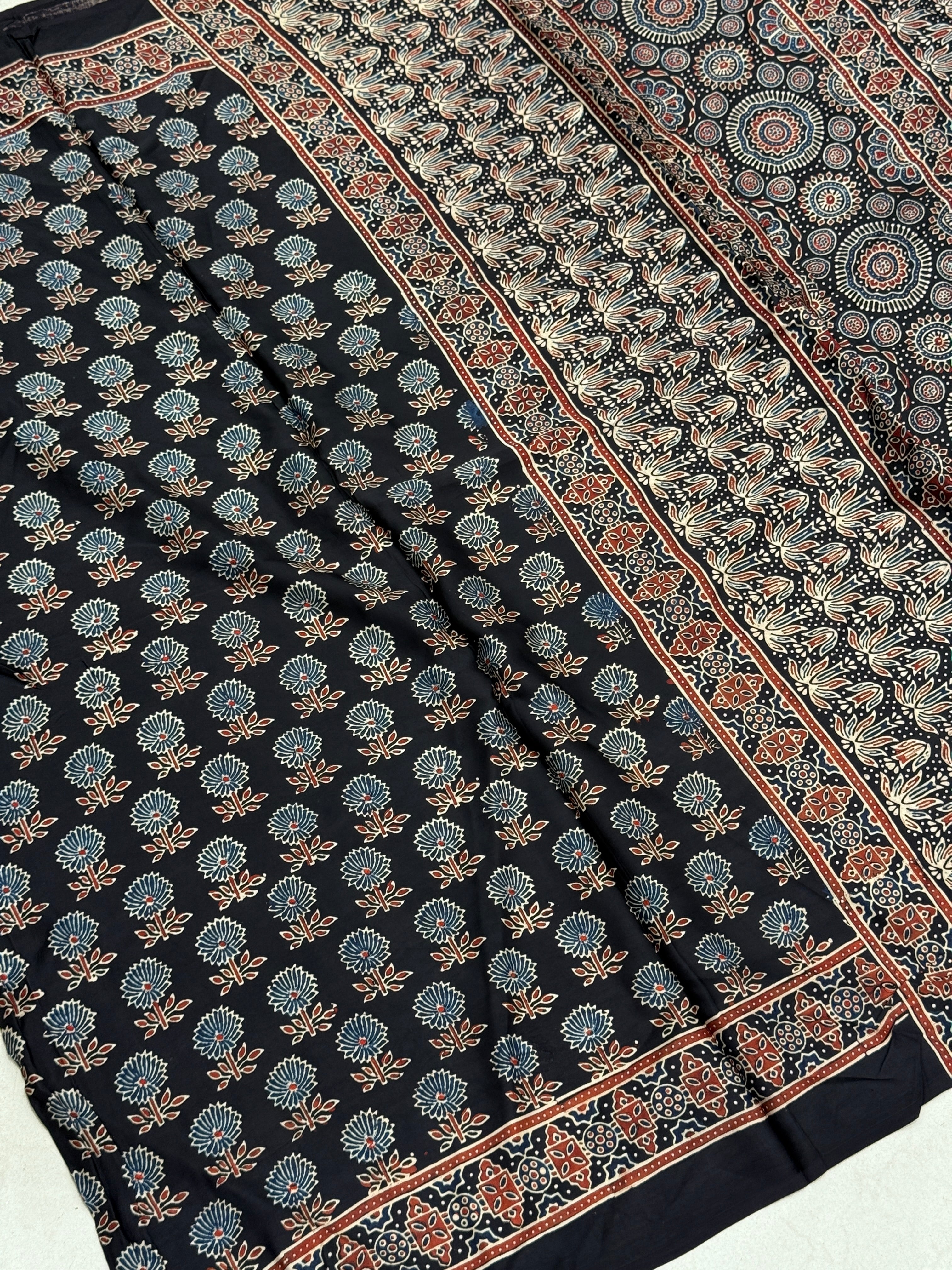 Black Contemporary Buttis Ajrakh Block Print Hand Pure Gajji Silk Saree