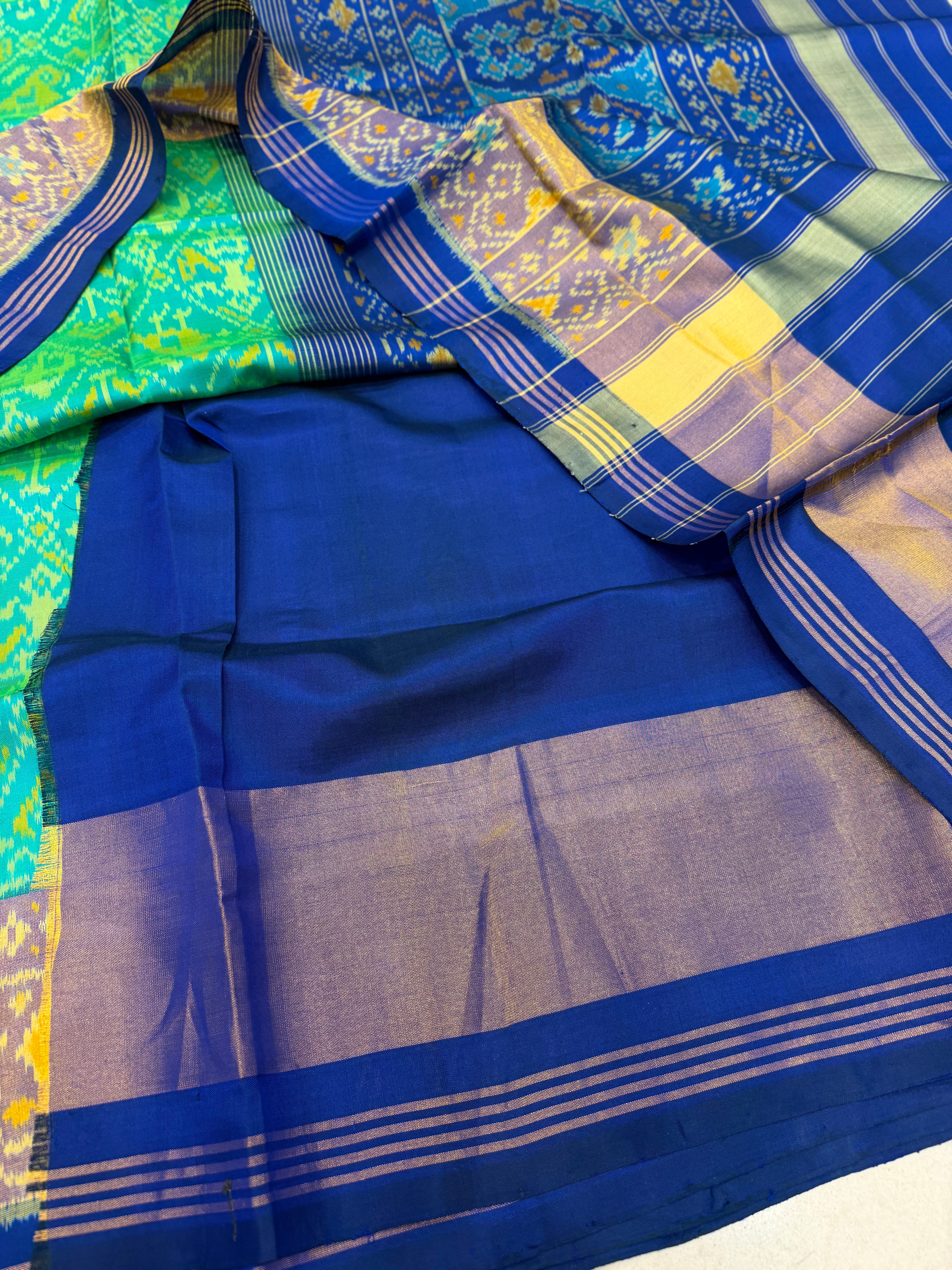 Rama Green with Blue Handloom Rajot Ikat Patola Silk Saree