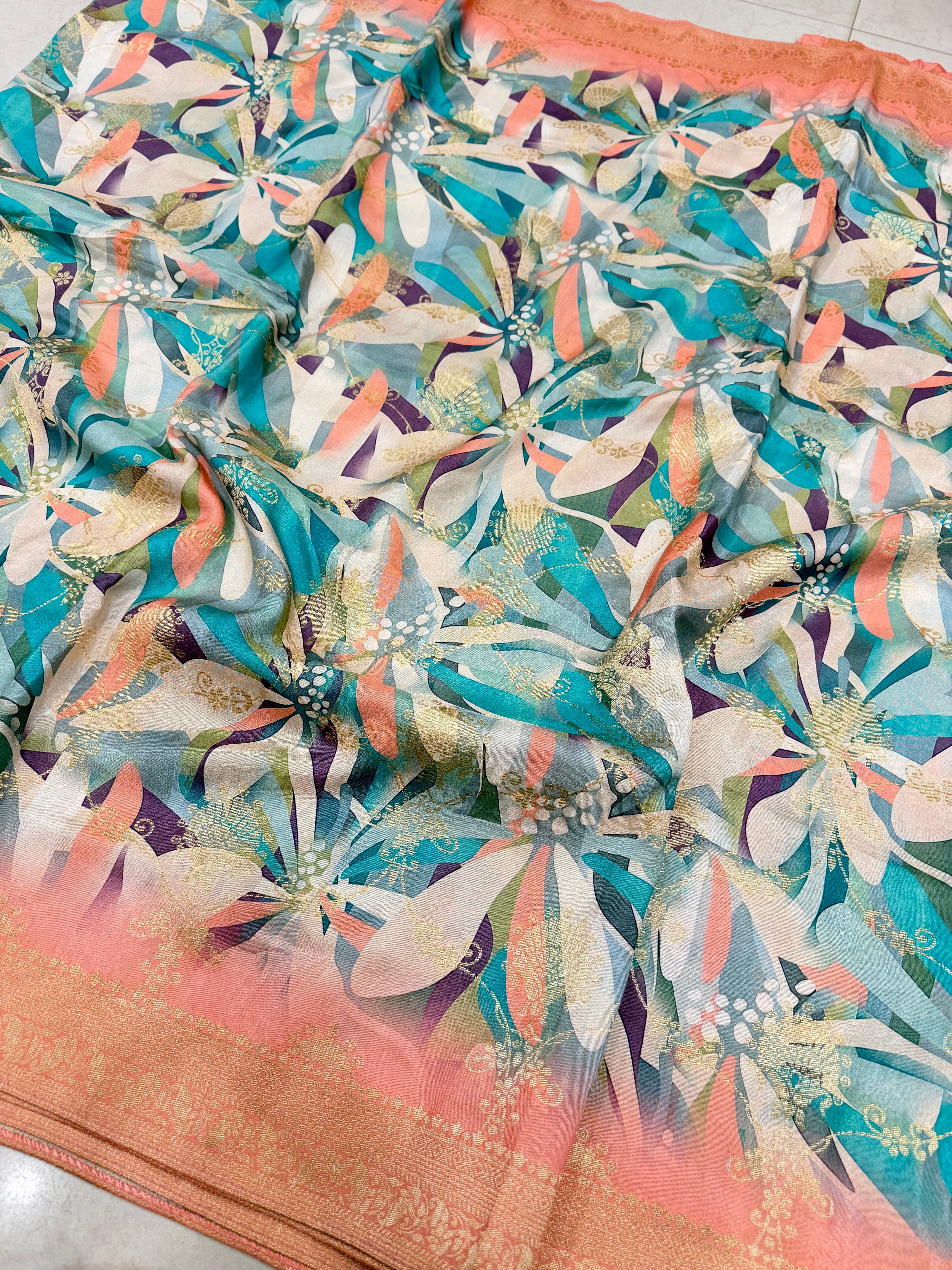 Abstract Floral Multi Colour Print Munga Soft Silk Saree