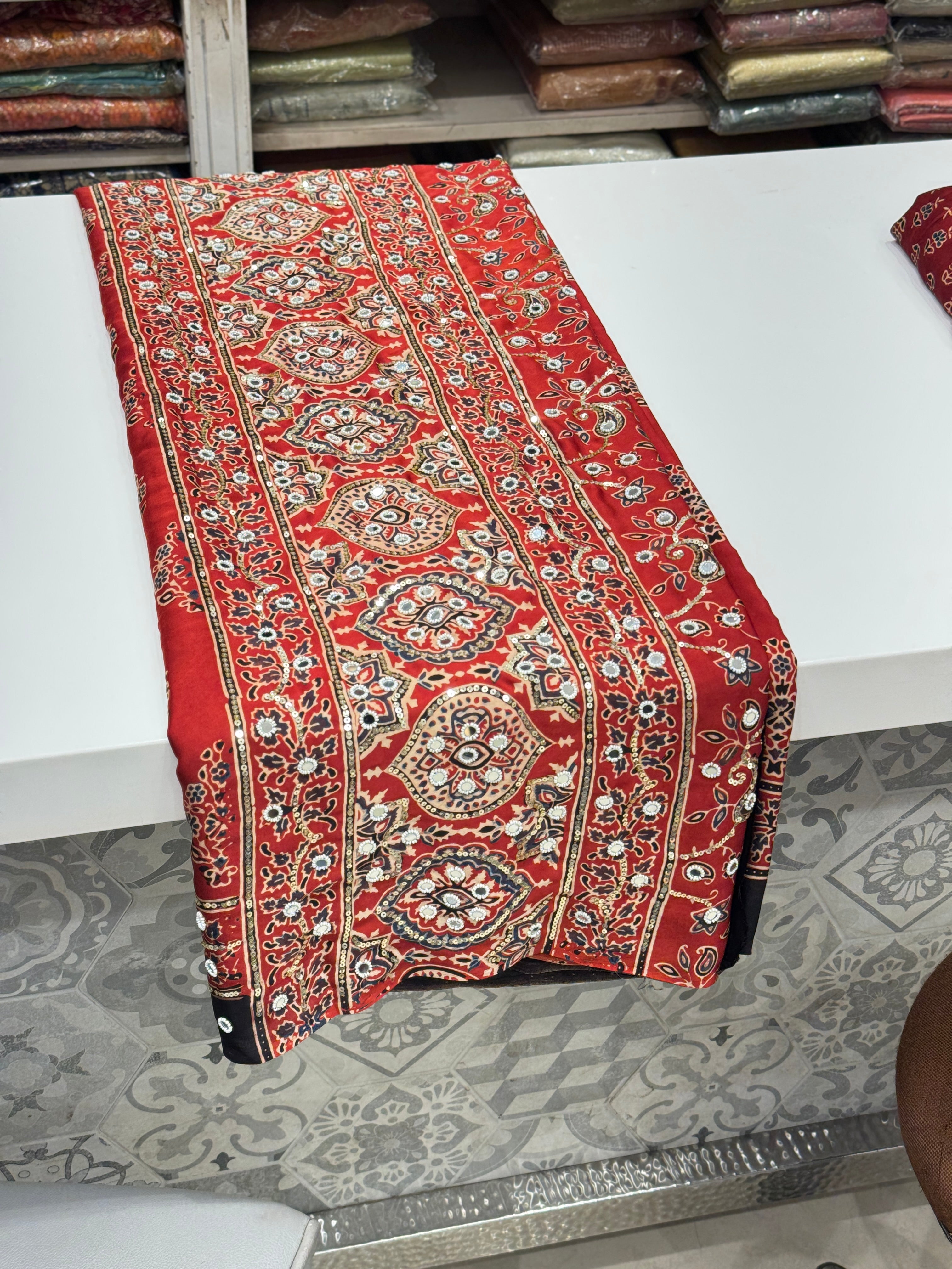 Red Butti Ajrakh Sequin Mirror Moti Hand Embroidery Saree