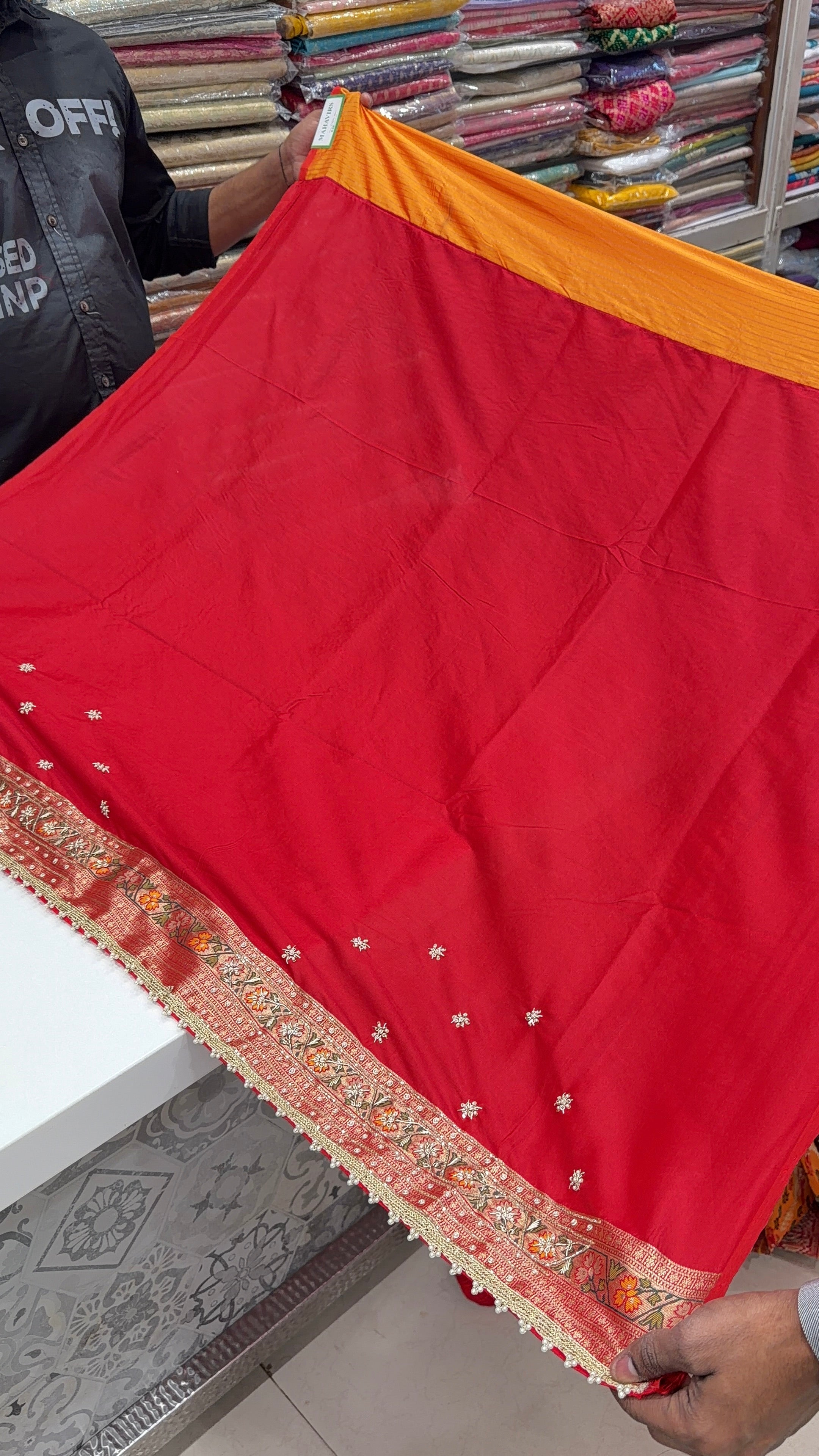 Orange Banarasi Patola Zardosi Hand Embroidery Moti Work Saree