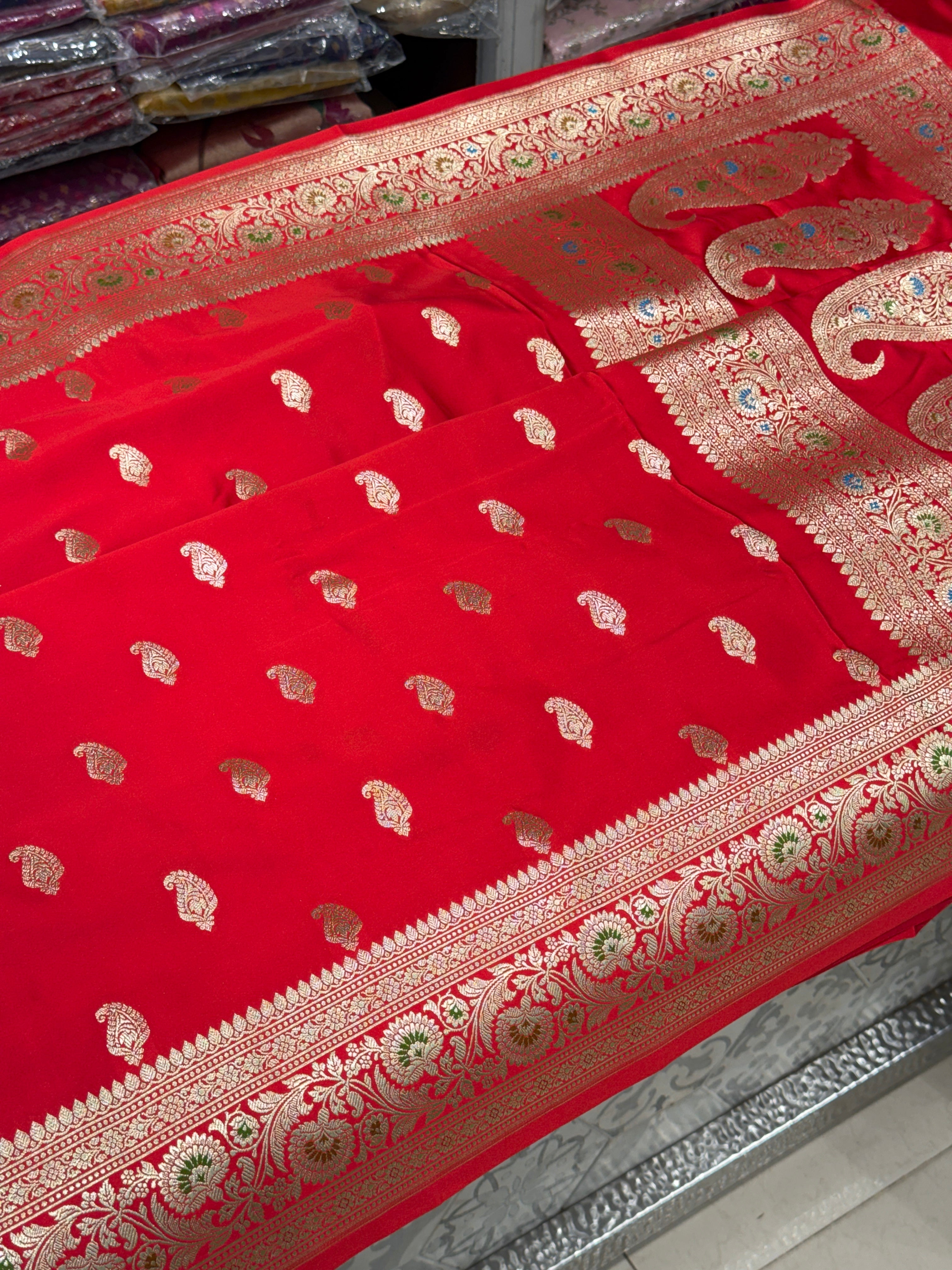 Red Banarasi Meena Border Butti Saree