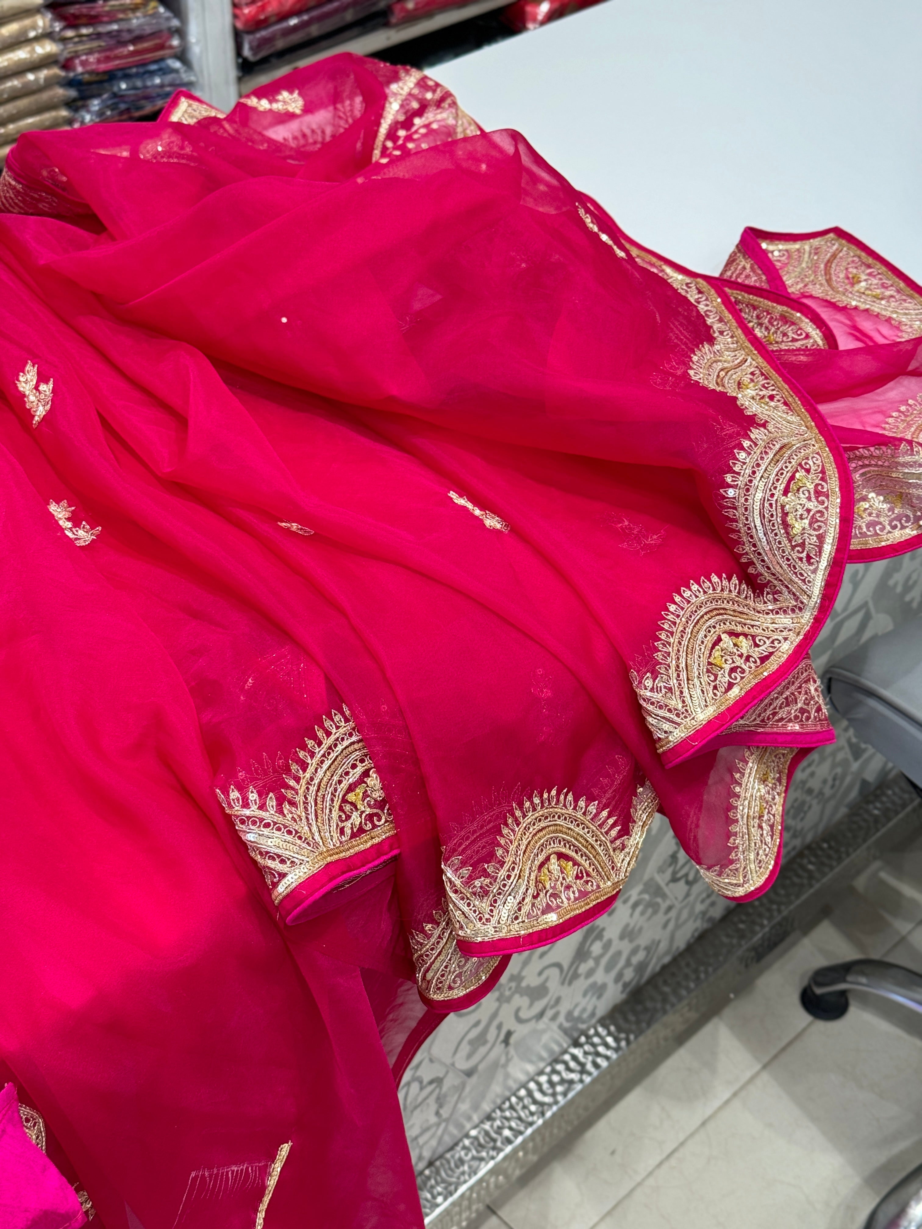 Rani Pink Organza Pita Embroidery Shoulder Butta Saree