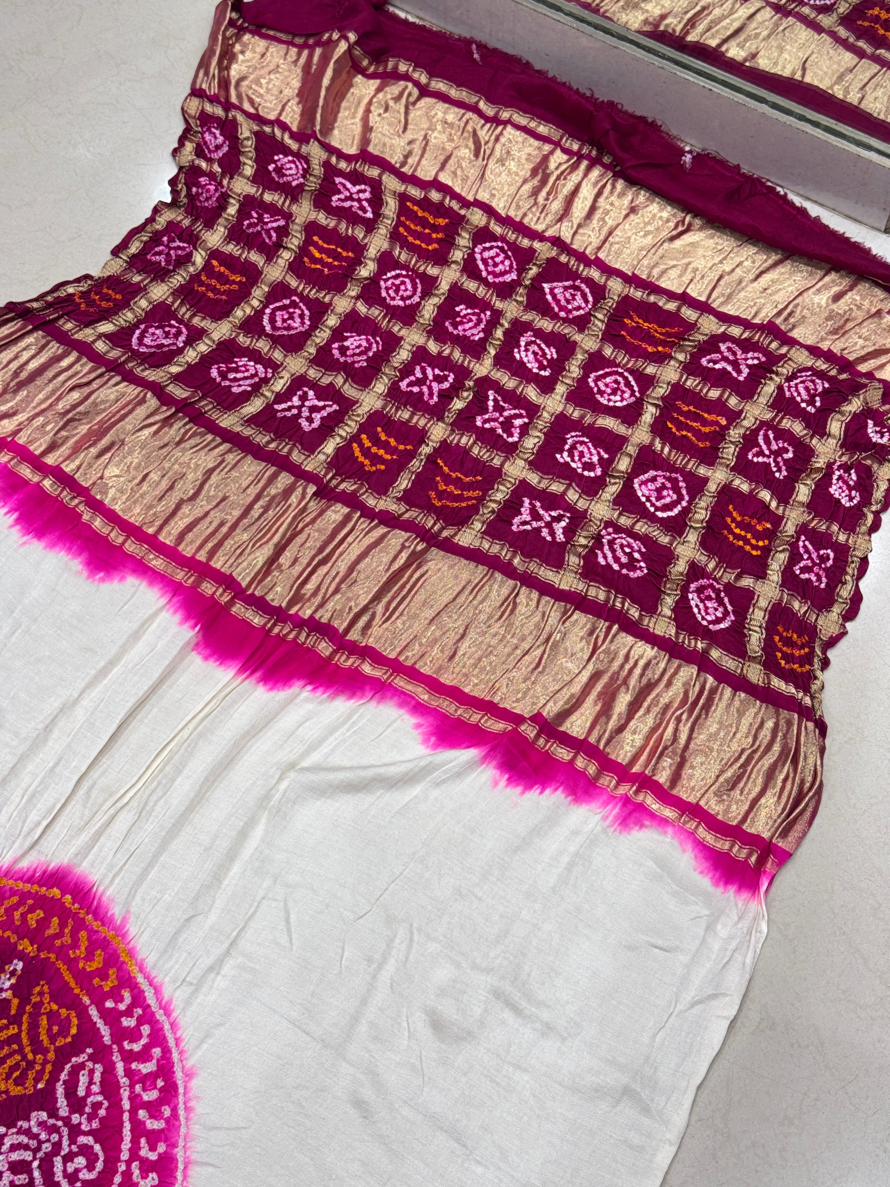 Moti White Gajji Silk Bandhej Bandhini Saree
