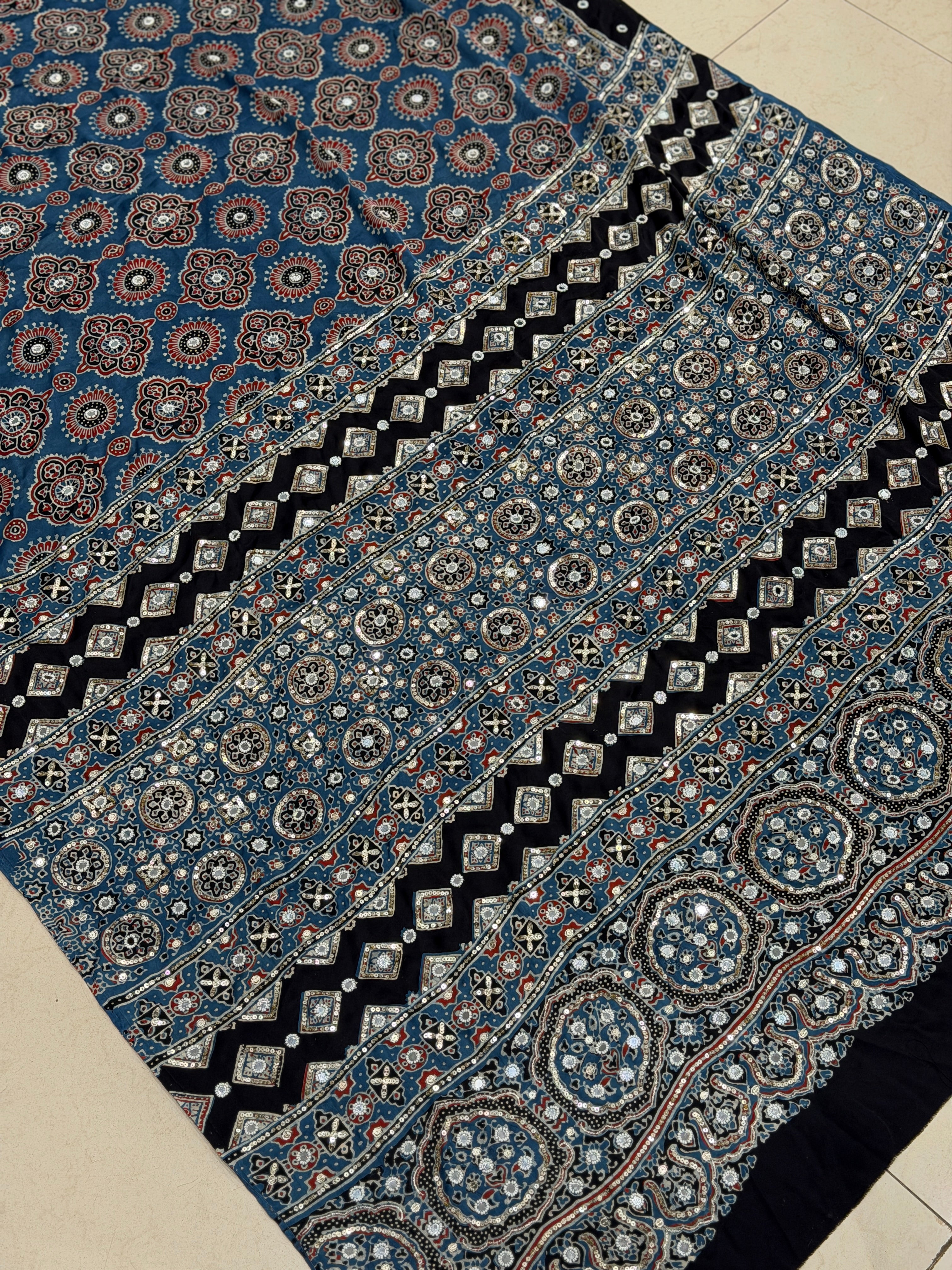 Blue Badam Ajrakh Butta Real Mirror Moti Sequin Hand Embroidery Saree