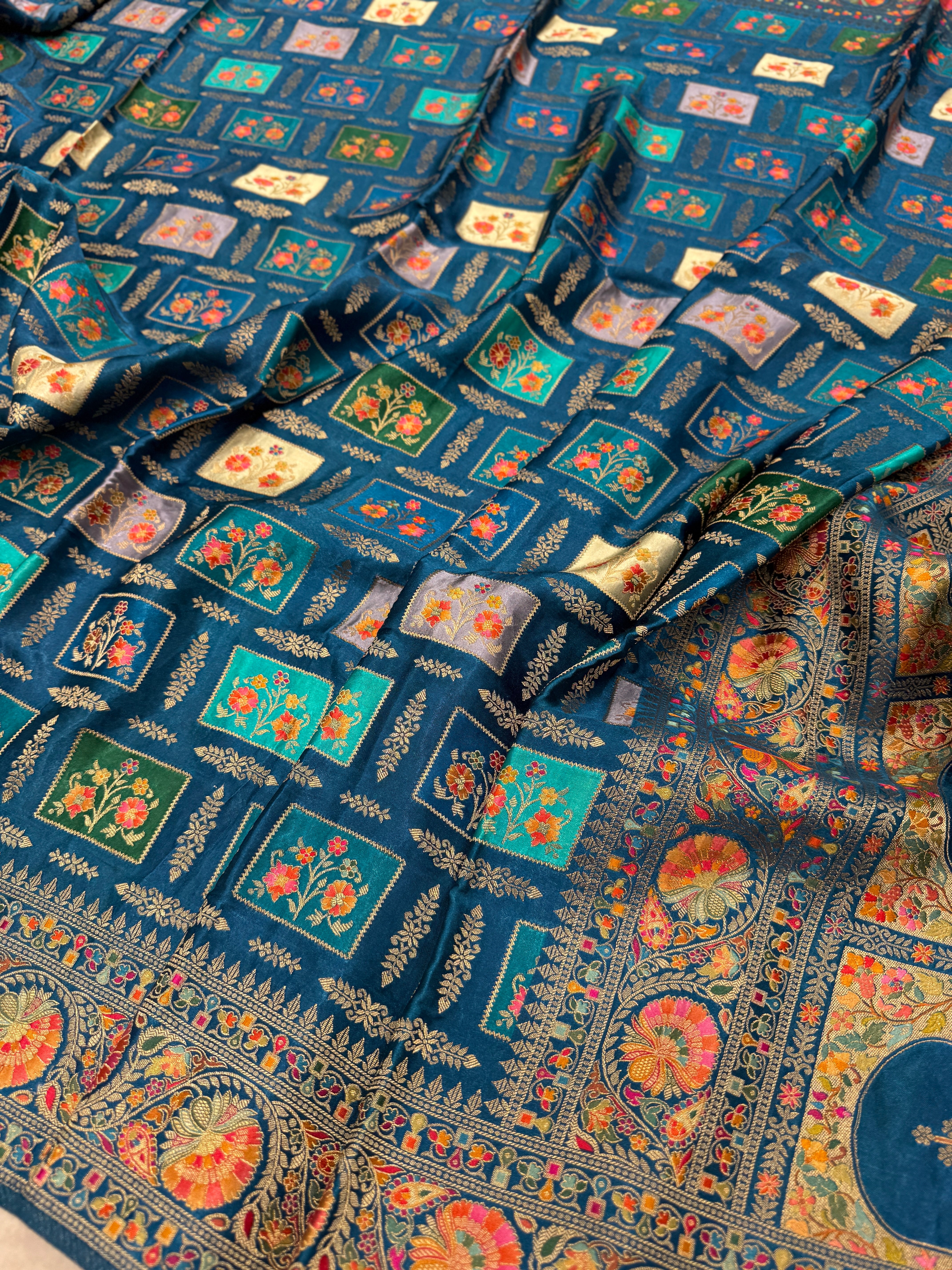 Rama Blue Box Check Banarasi Modal Satin Rangkat Saree
