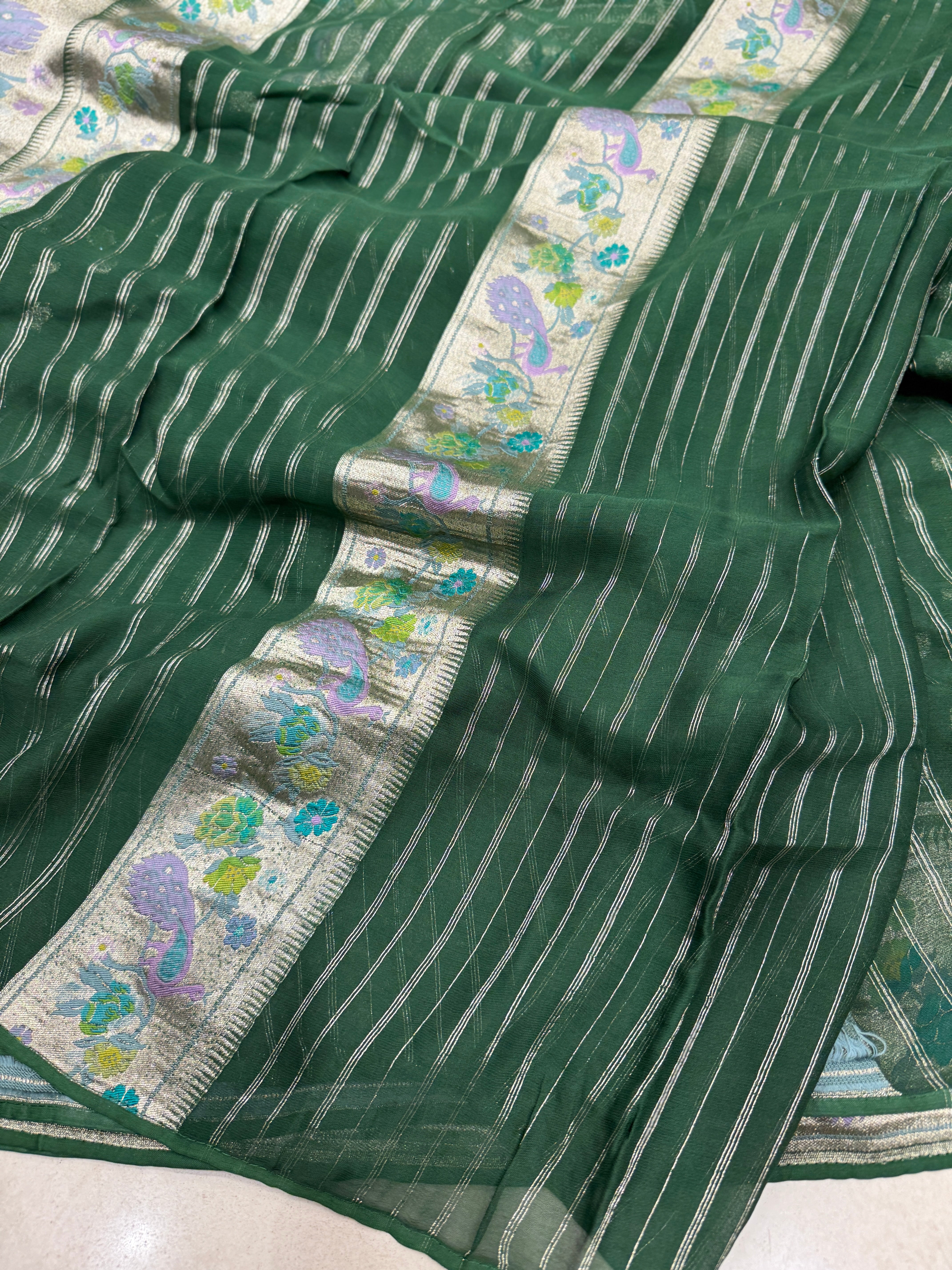 Bottle Green Georgette Paithani Saree