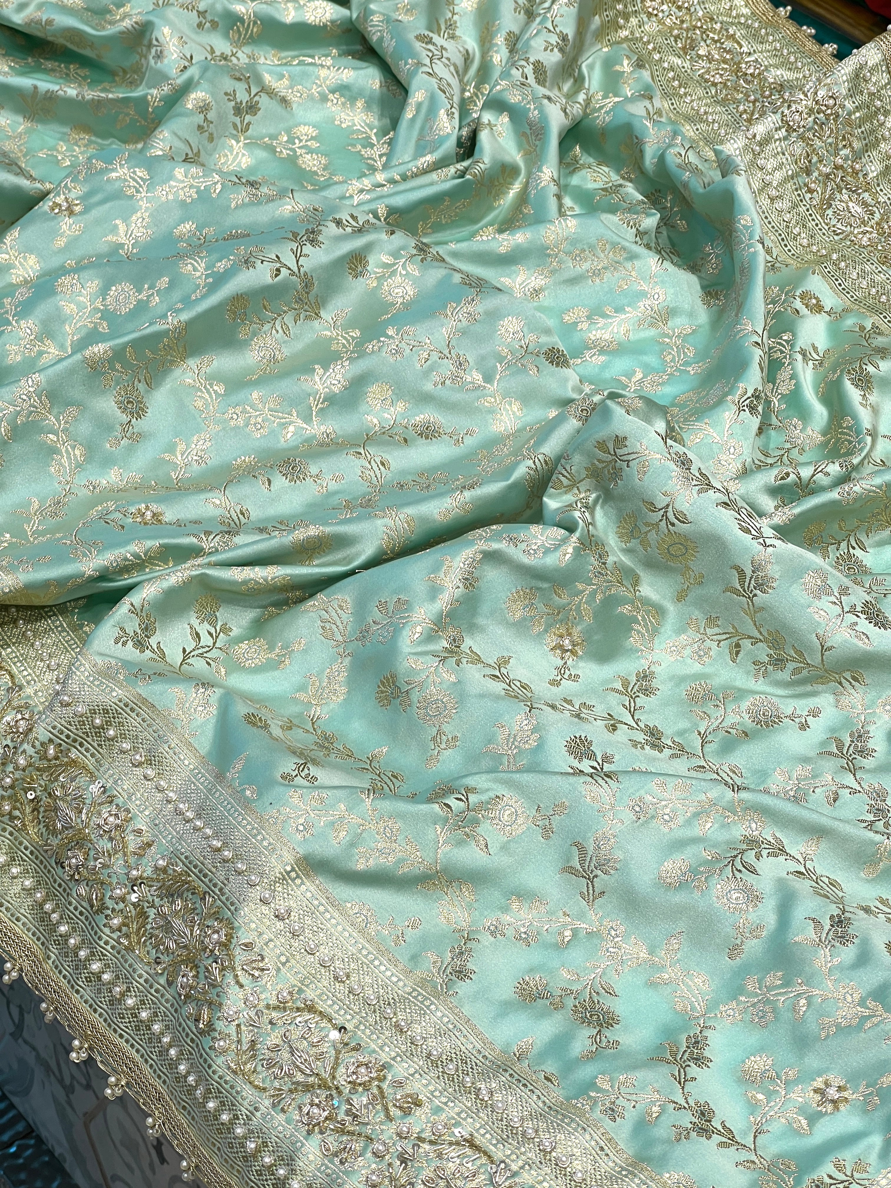 Pista Green Banarasi Silk Jaal Moti Hand Embroidery Saree