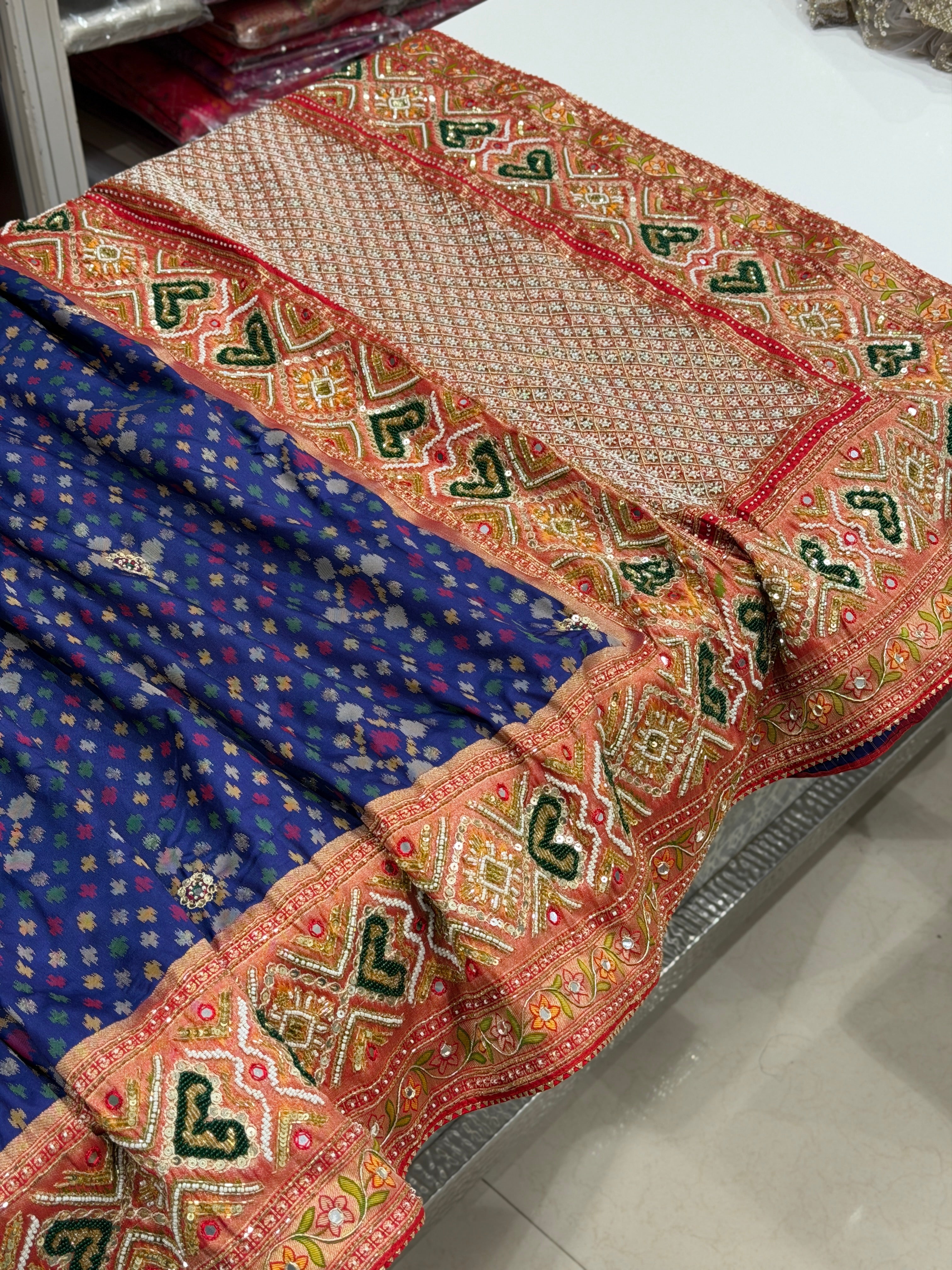 Blue Banarasi Ikat Patola Moti Hand Embroidery Saree