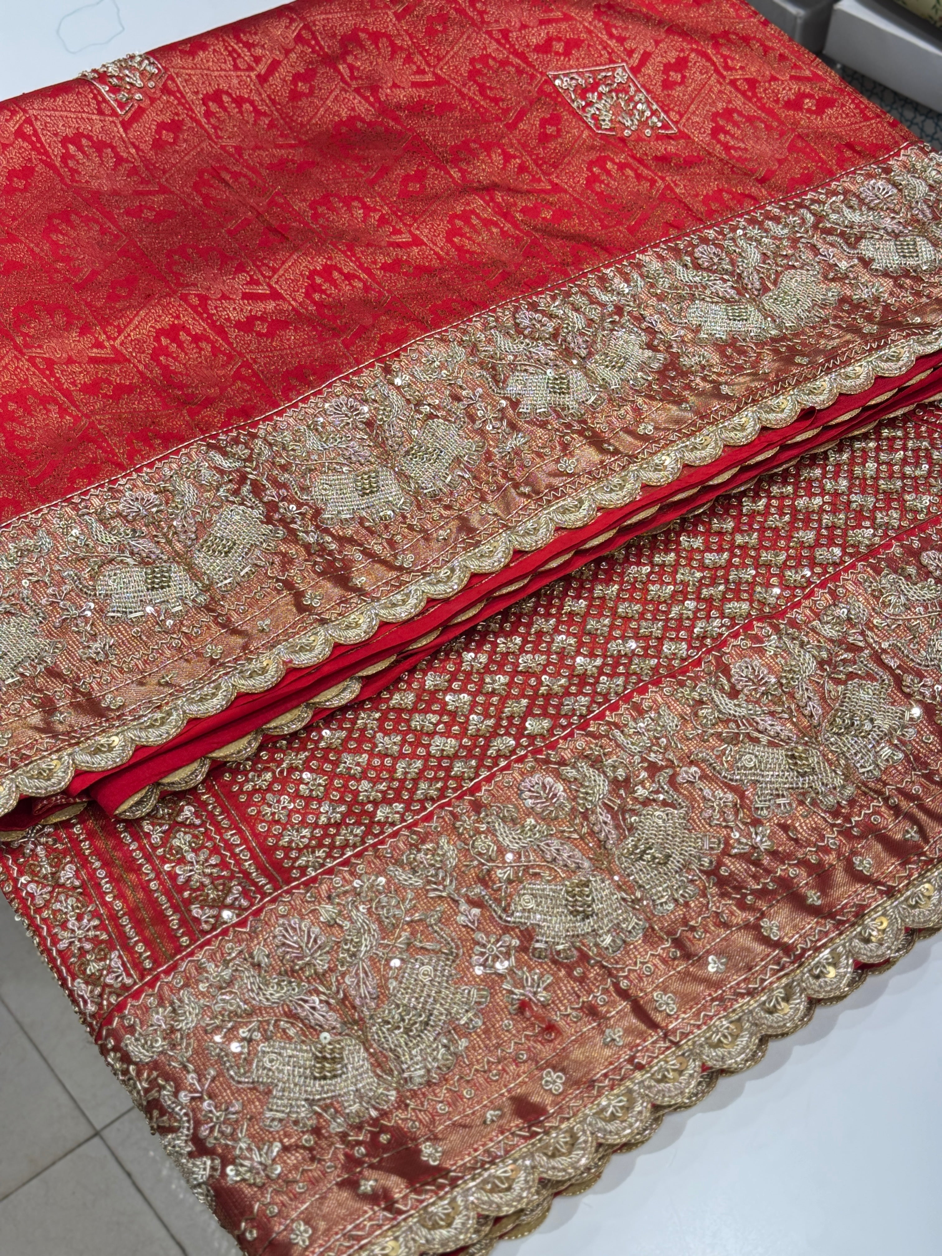 Red Kanjivaram Zardozi Elephant Motif Hand Embroidery Saree