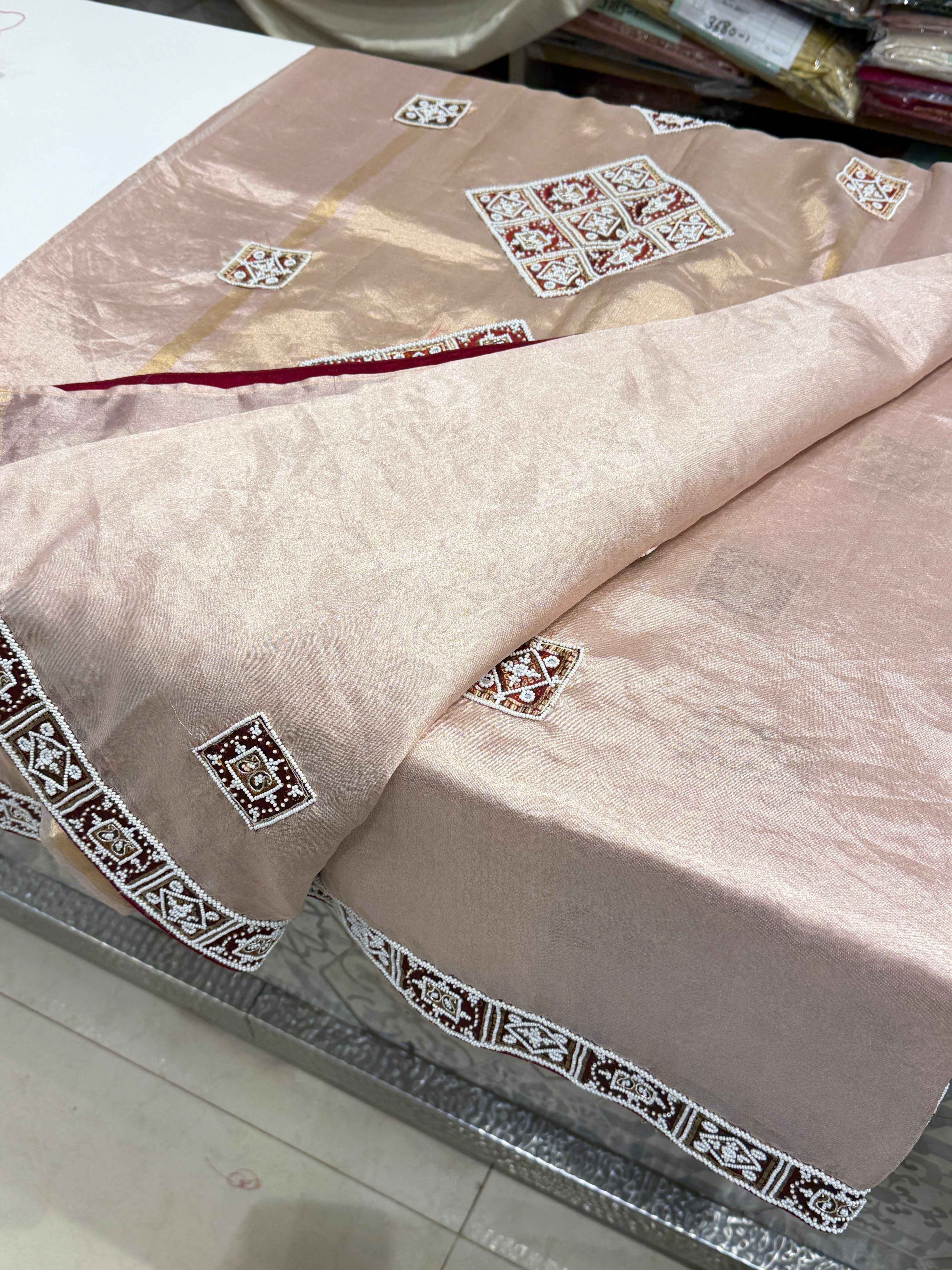 Pink Tissue Banarasi Patola Patch Work Hand Embroidery Saree