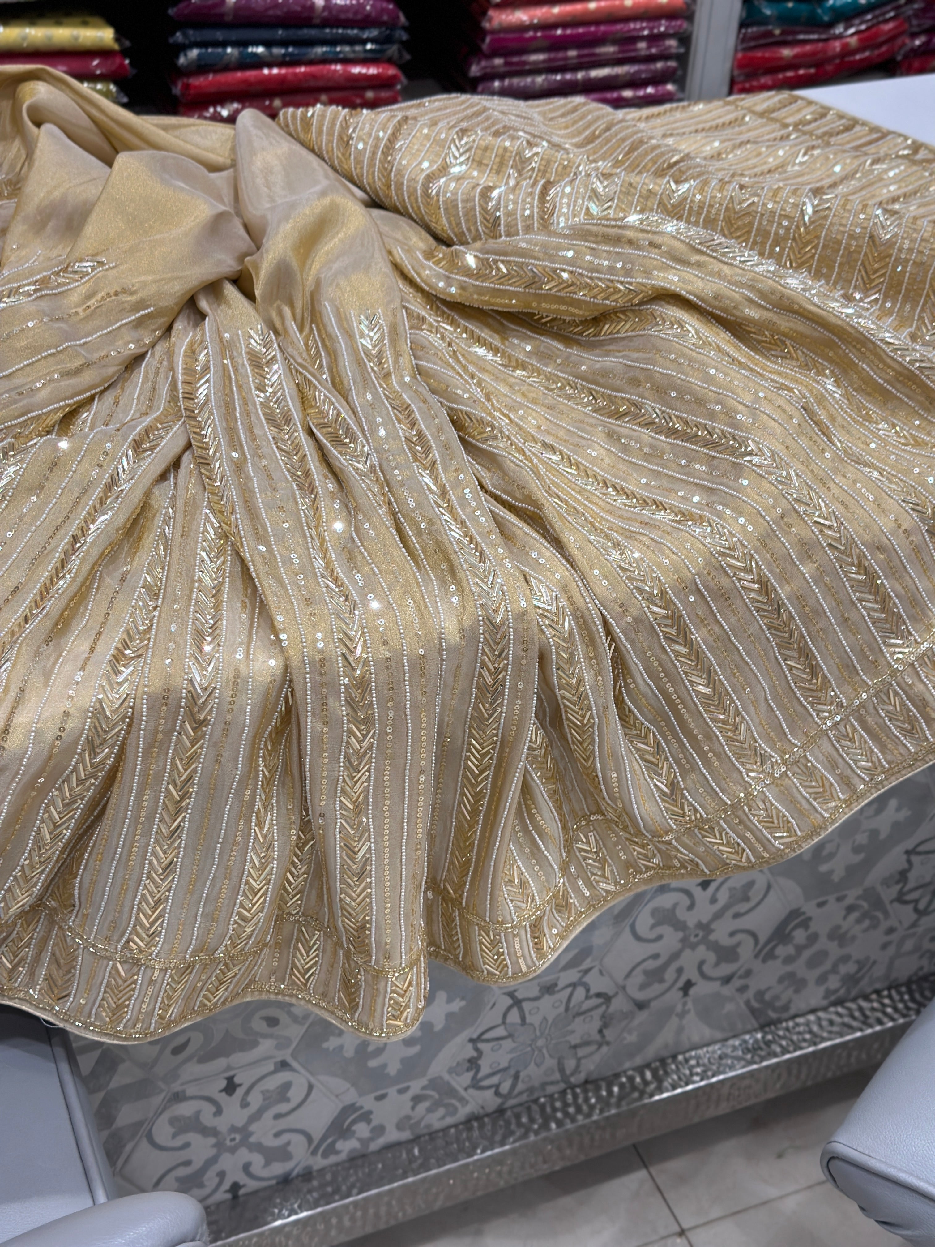 Golden Suhana Khan Inspired Crepe Tissue Hand Embroidery Sequin Saree