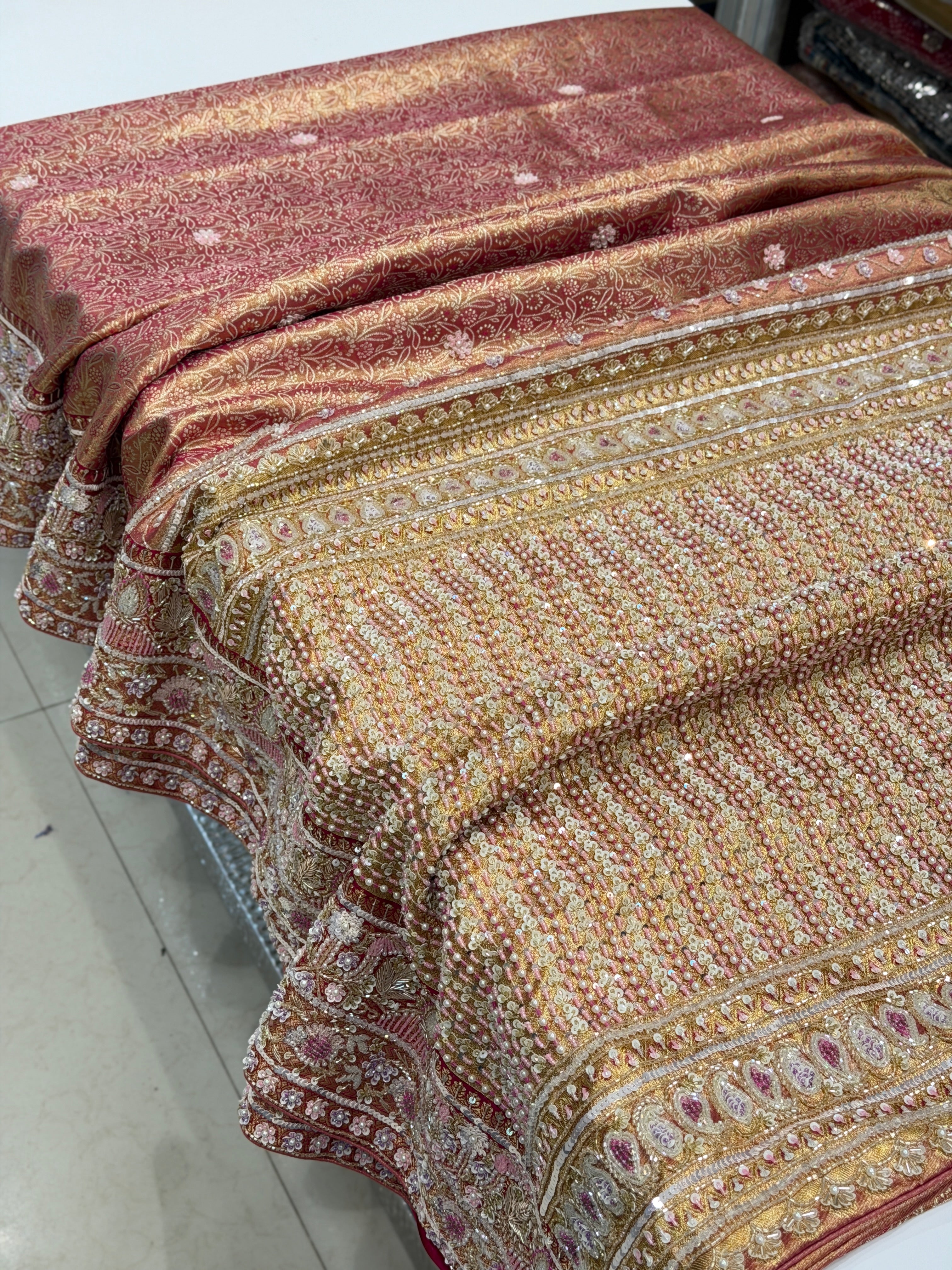 Rani Pink Golden Tissue Kanjivaram Moti Zardosi Hand Embroidery Saree