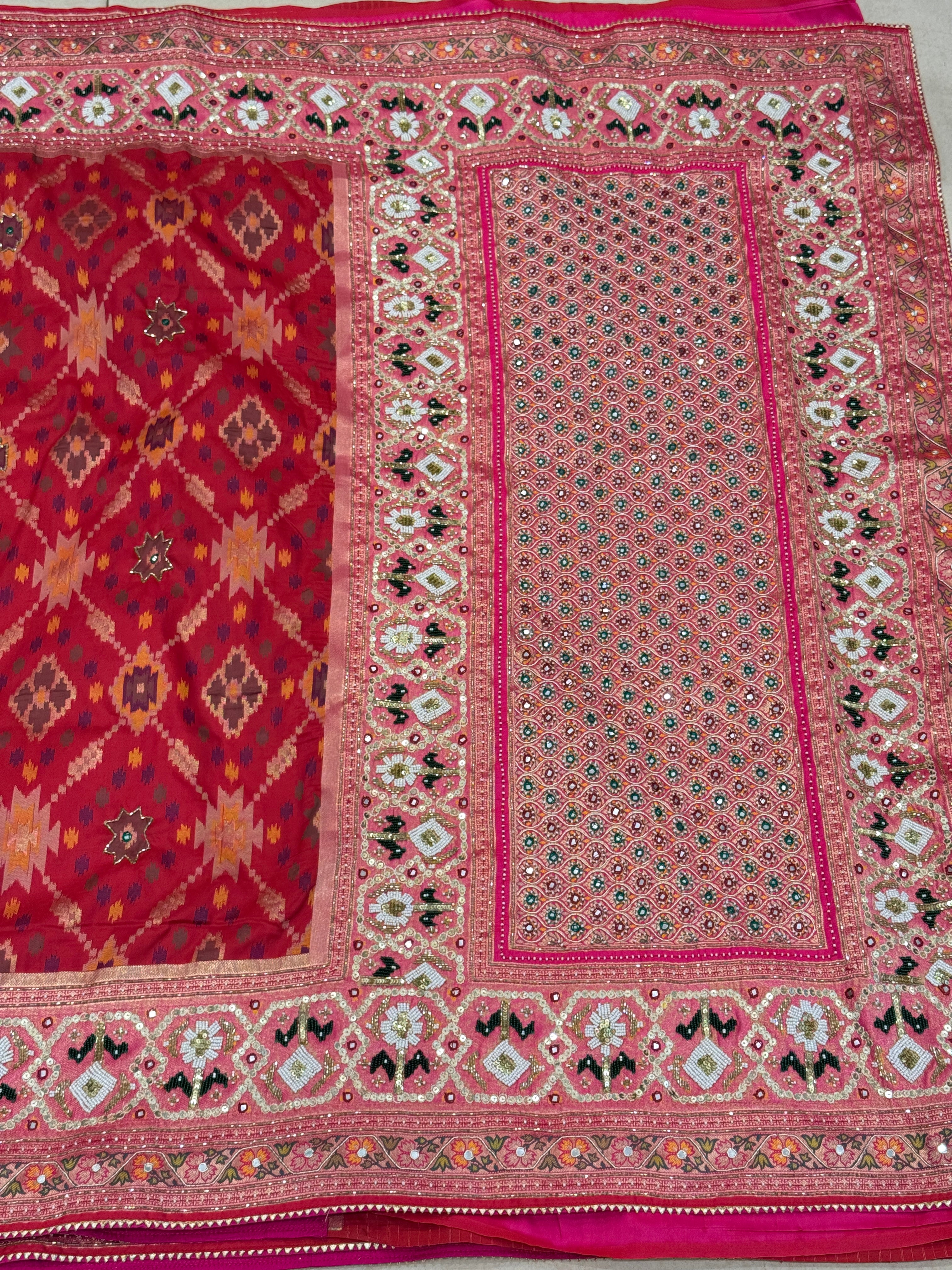 Red Patola Kutchi Moti Embroidery Saree