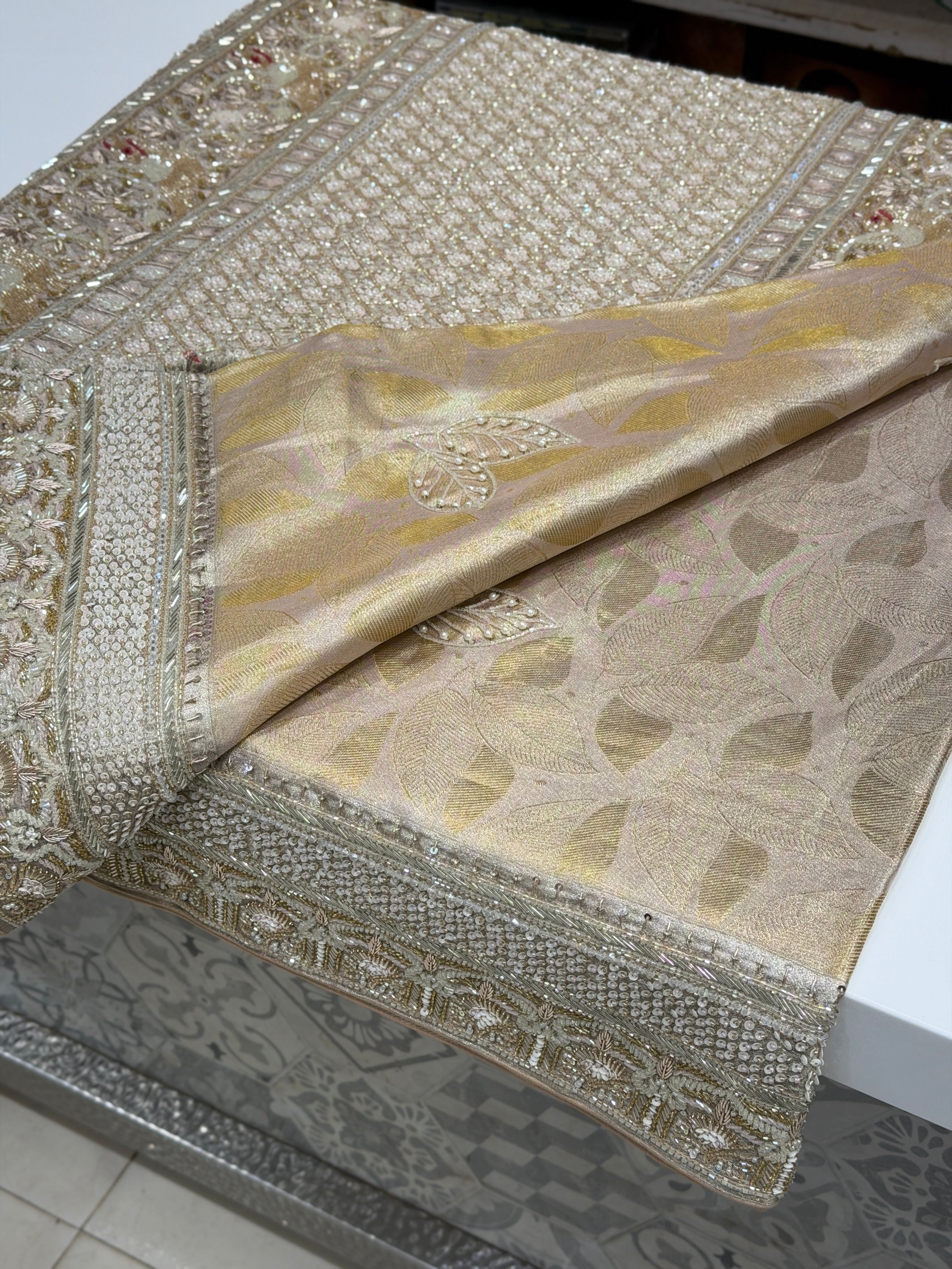 Nude Pink Silver Kanjivaram Three Zari Hand Embroidery Zardosi Moti Sequin Saree