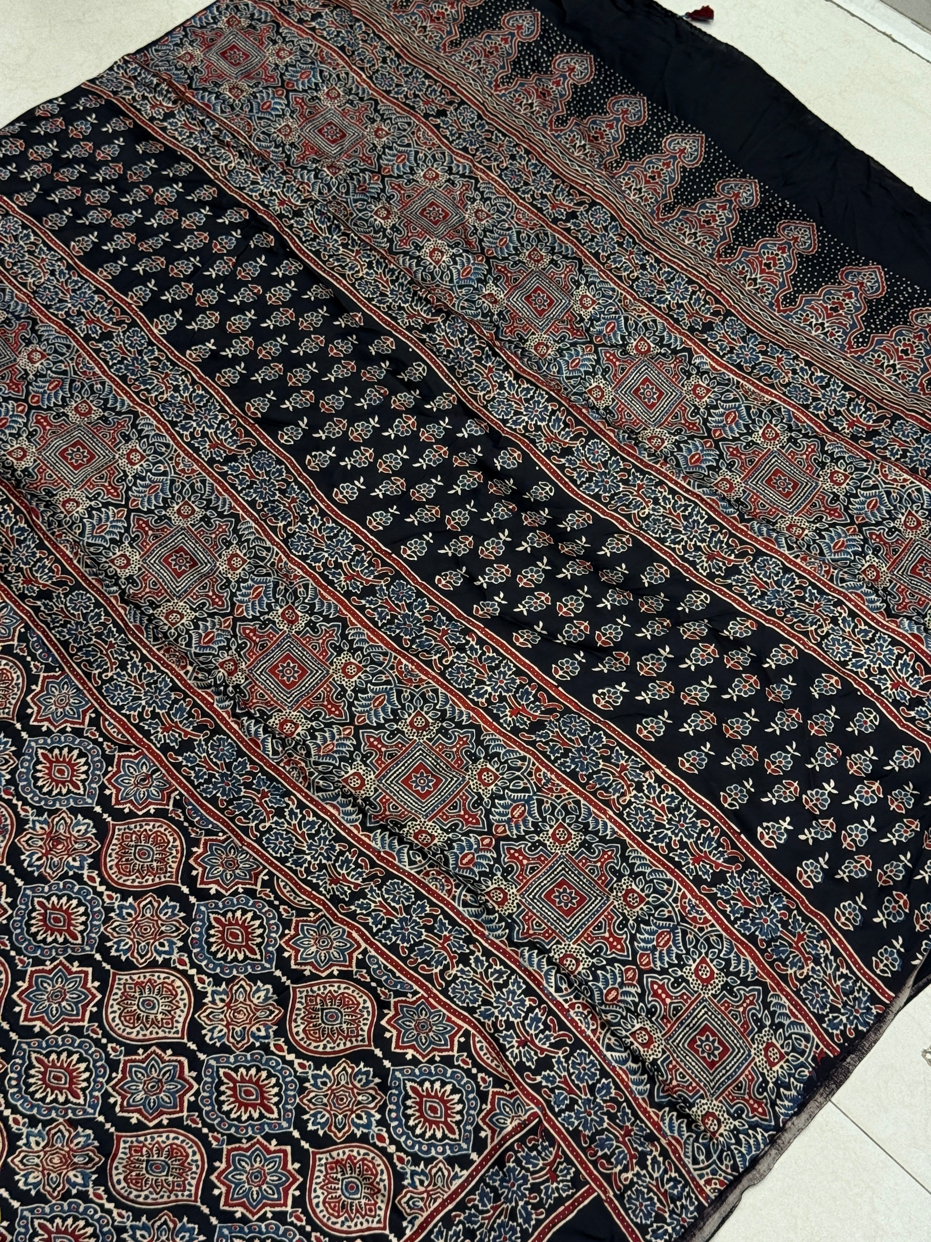 Black Badam Jaal Ajrakh Block Print Hand Pure Gajji Silk Saree
