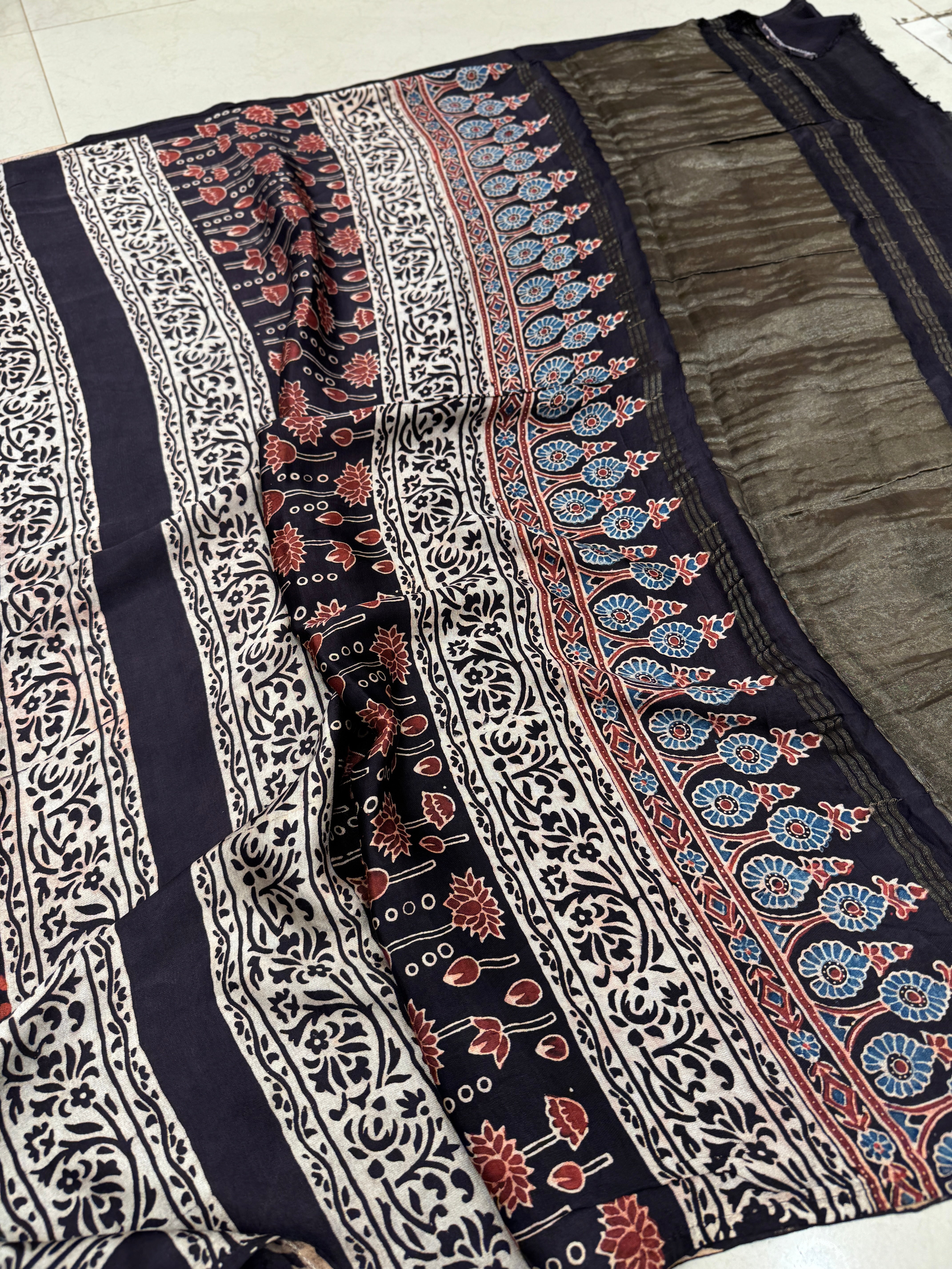 Black Multi Lagdi Patta Ajrakh Saree Modal Gajji Silk Hand Block Print