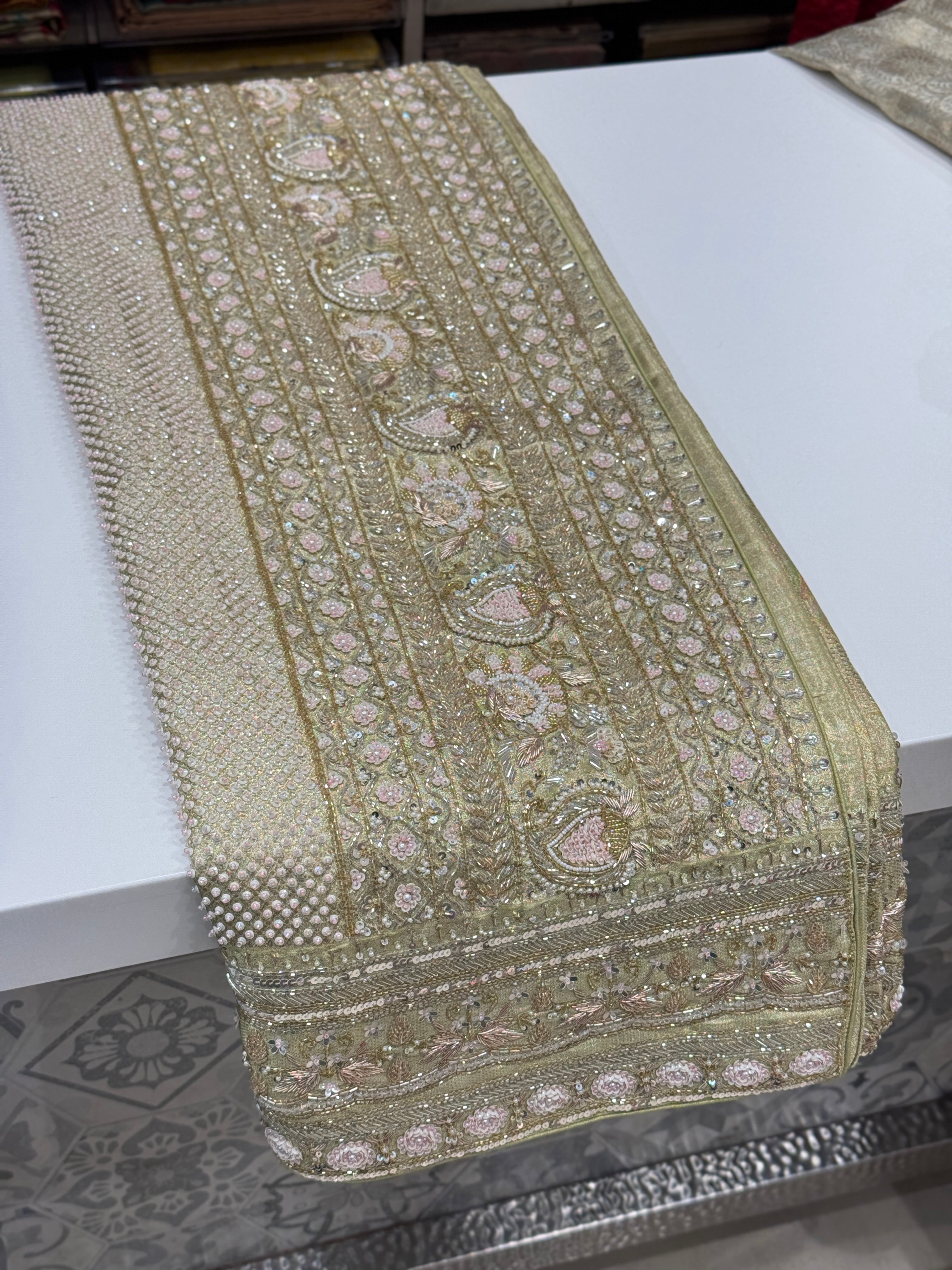 Green Contemporary Tissue Jaal Kanjivaram Hand Embroidery Saree