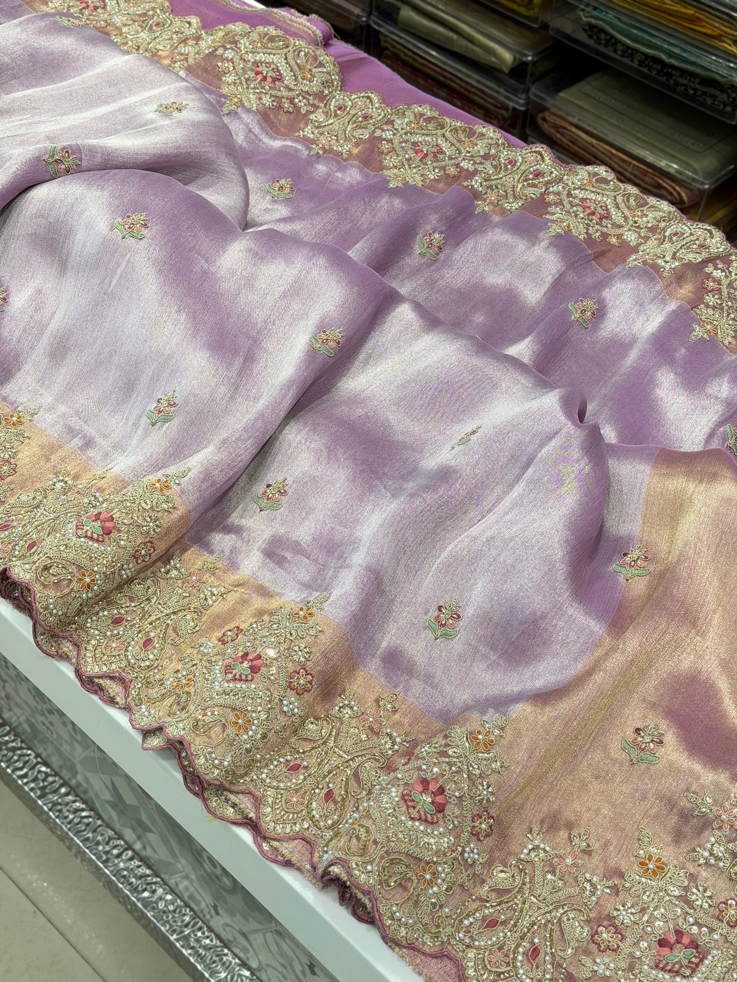 Lilac Crepe Tissue Zari Resham Embroidery SareeMoti