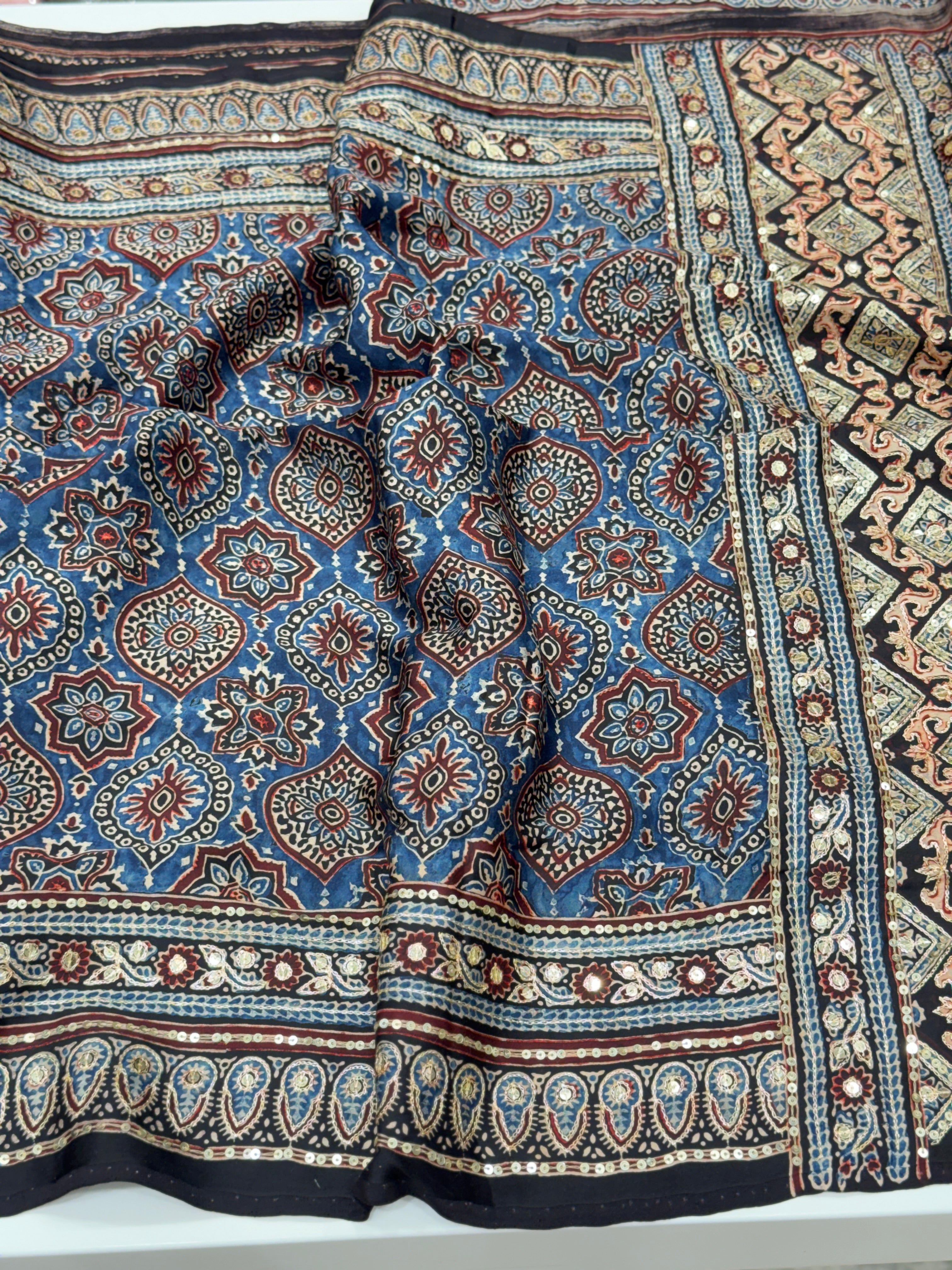 Blue Badam Jaal Pita Sequin Ajrakh Hand Embroidery Saree