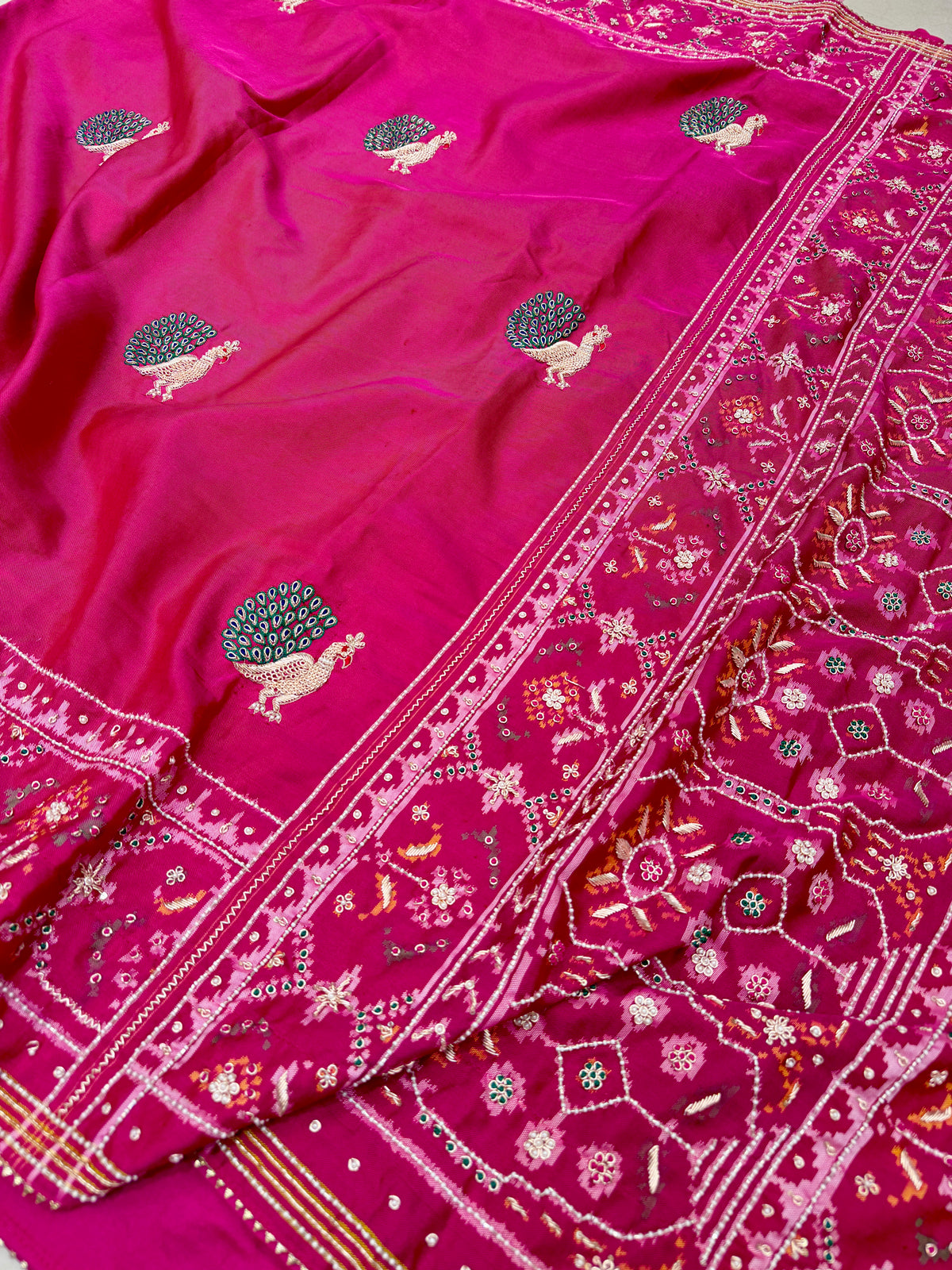Rani Pink Peacock Motif Patan Patola Hand Embroidery Zardosi Saree
