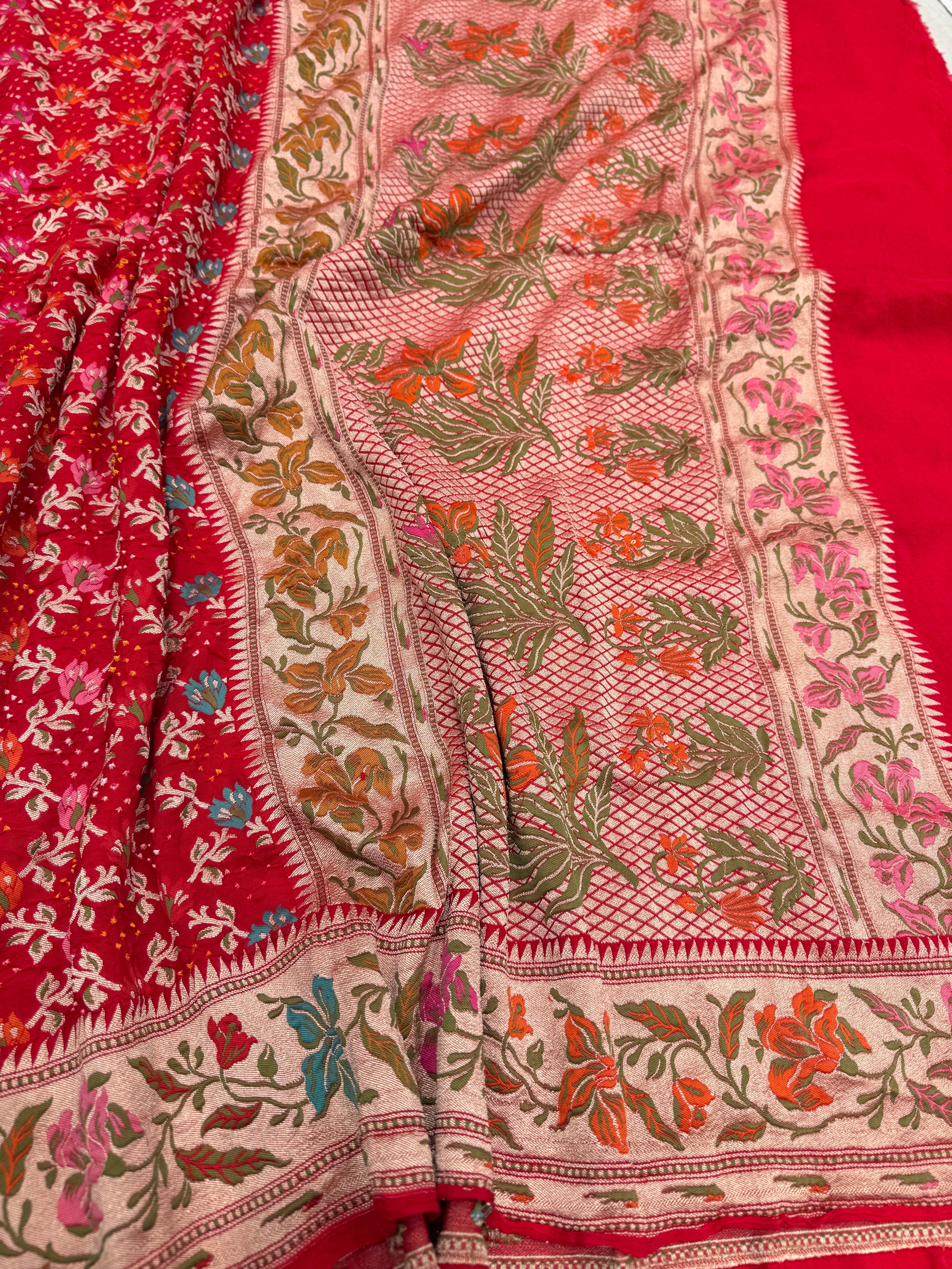Red Meenakari Floral Jaal Rai Bandhej Georgette Bandhini Saree