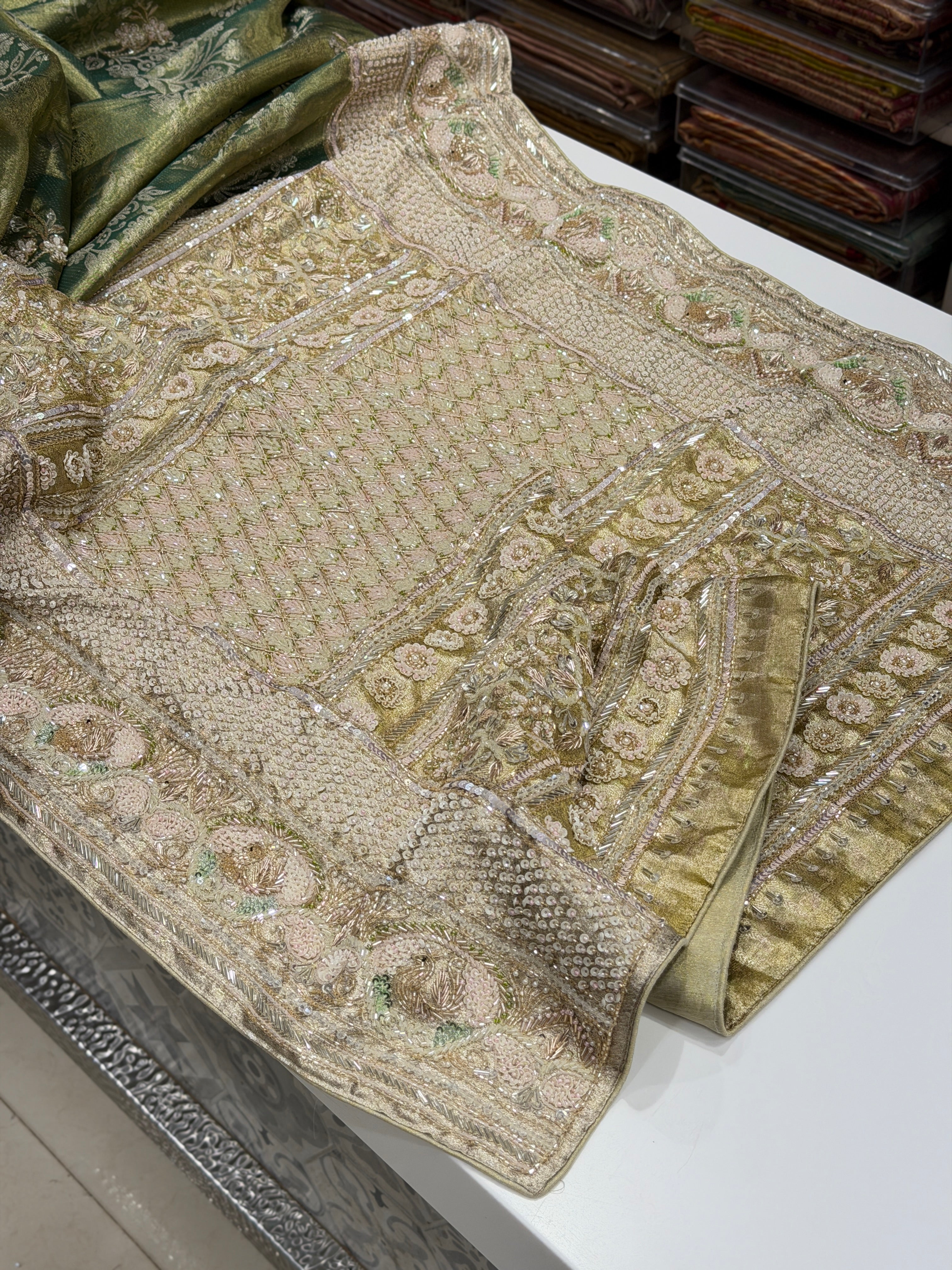Green Kanjivaram Three Zari Hand Embroidery Zardosi Moti Sequin Saree