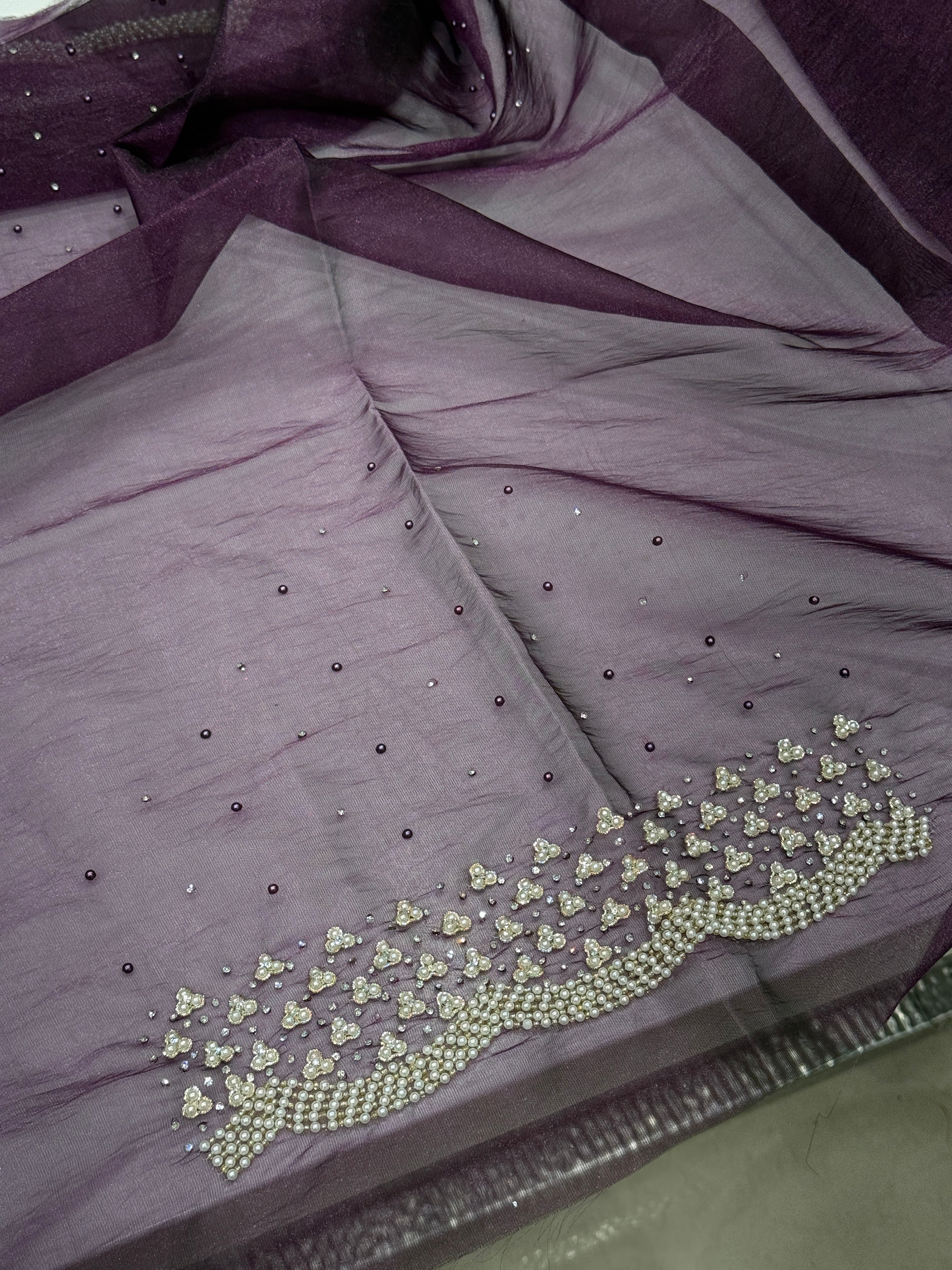 Violet Tissue Organza Moti Embroidery Saree