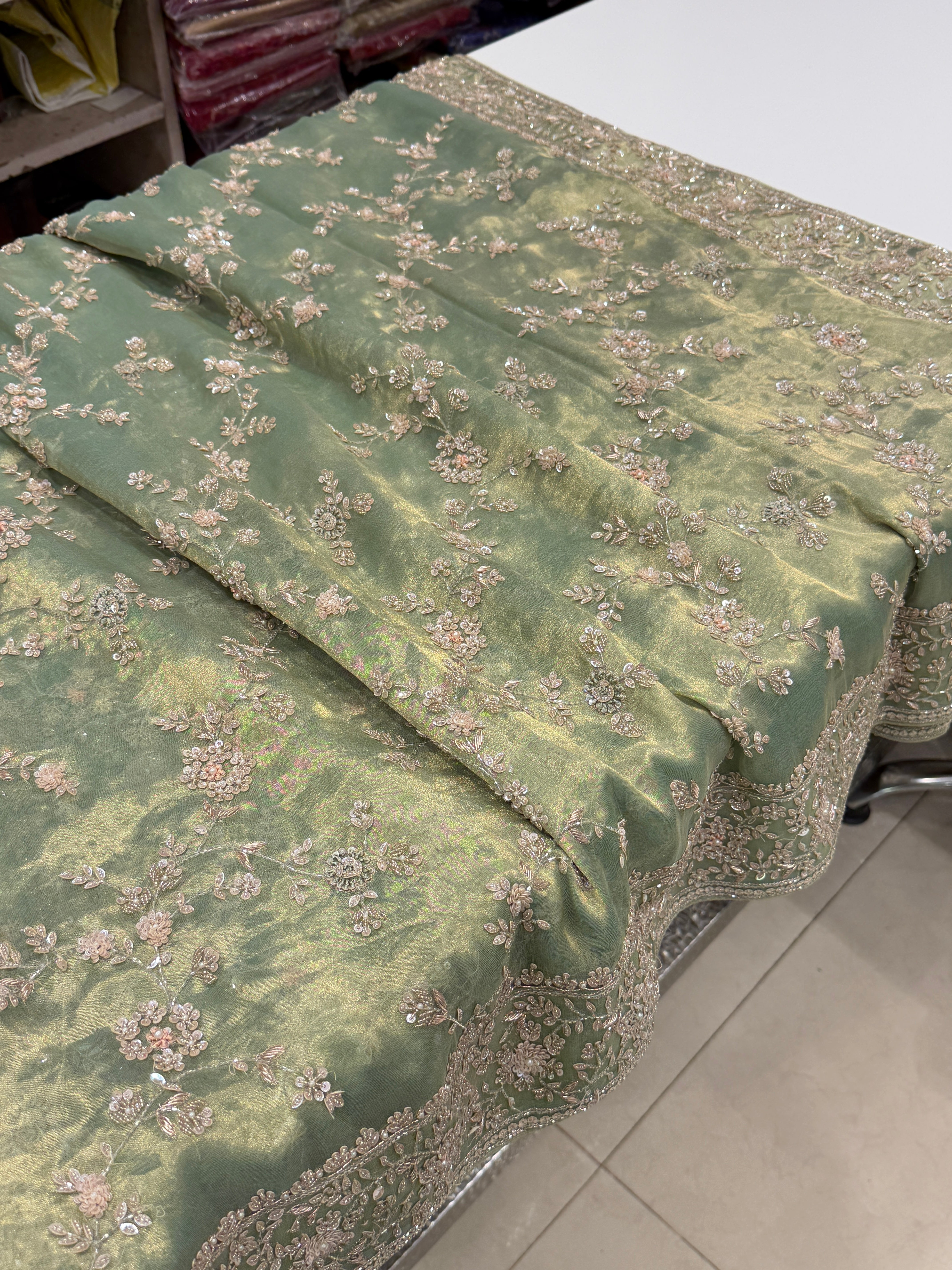 Green Tissue Silk Moti Sequin Zardosi Hand Embroidery Jaal Saree