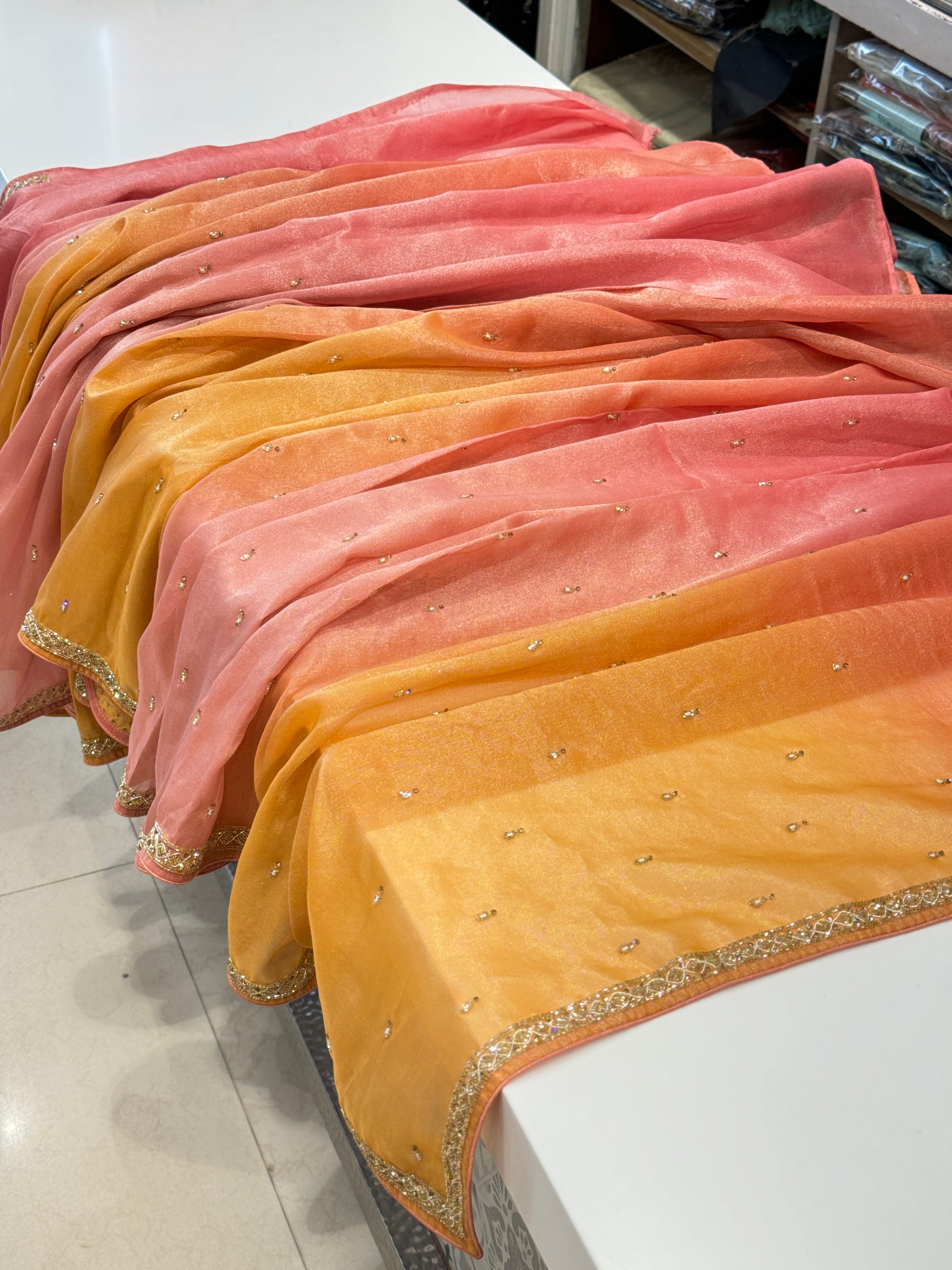 Shaded Tissue Crepe Butti Hand Embroidery Saree