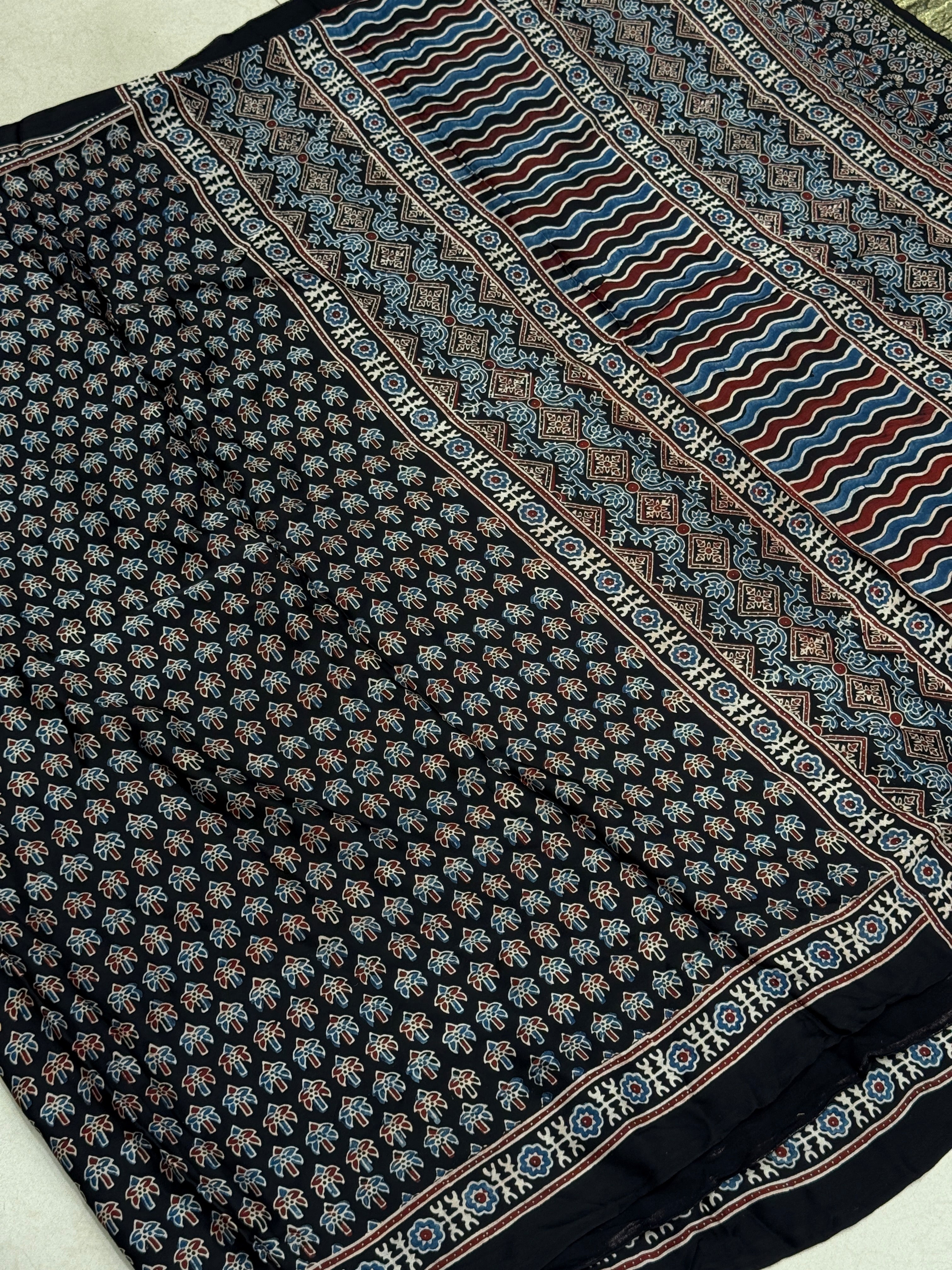 Black Small Tree Buttis Ajrakh Block Print Hand Pure Gajji Silk Saree