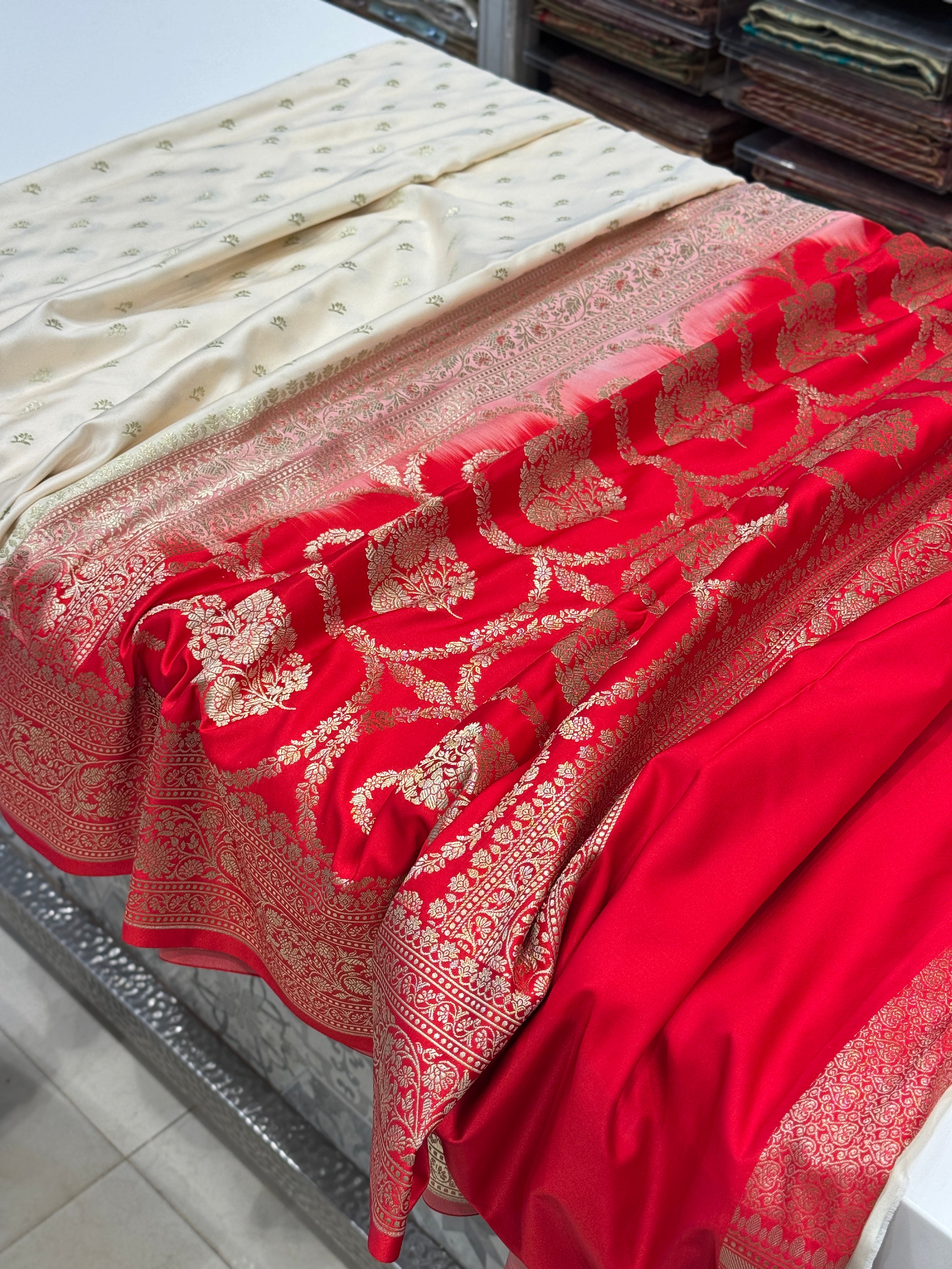 Moti White Red Pallu Banarasi Buttis Saree