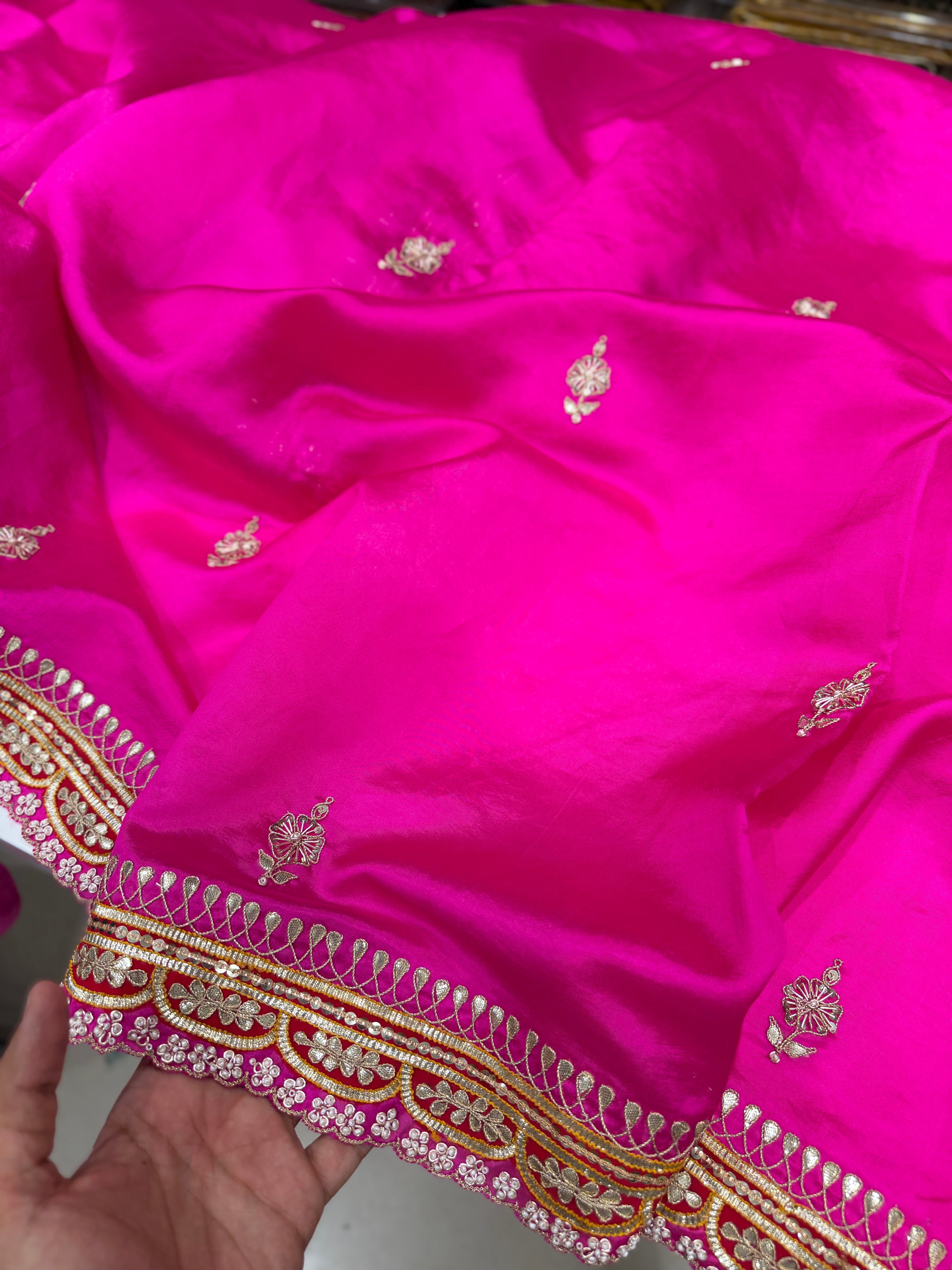 Rani Pink Pure Silk Bandhej Marodi Hand Embroidery Saree