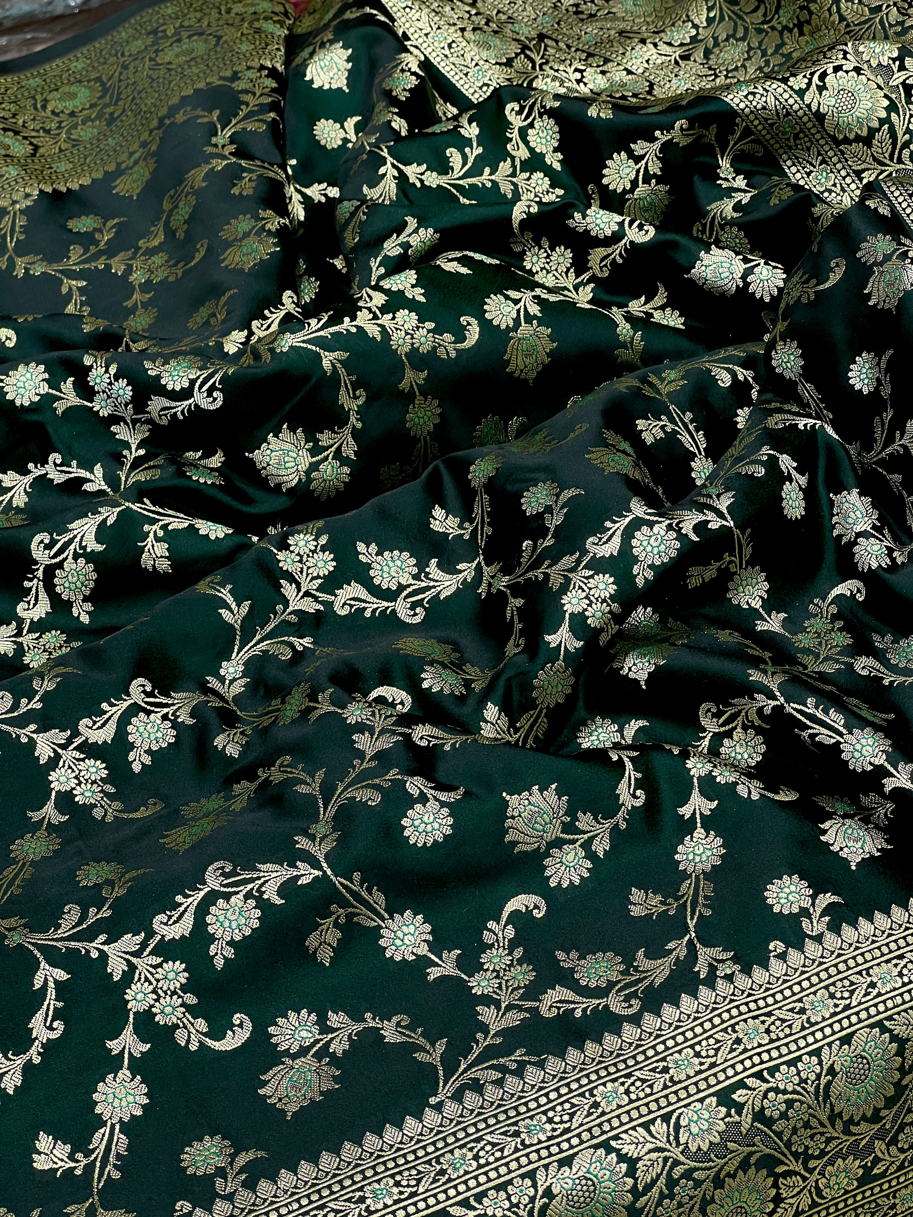 Greenish Black Banarasi Upside Down Border Saree