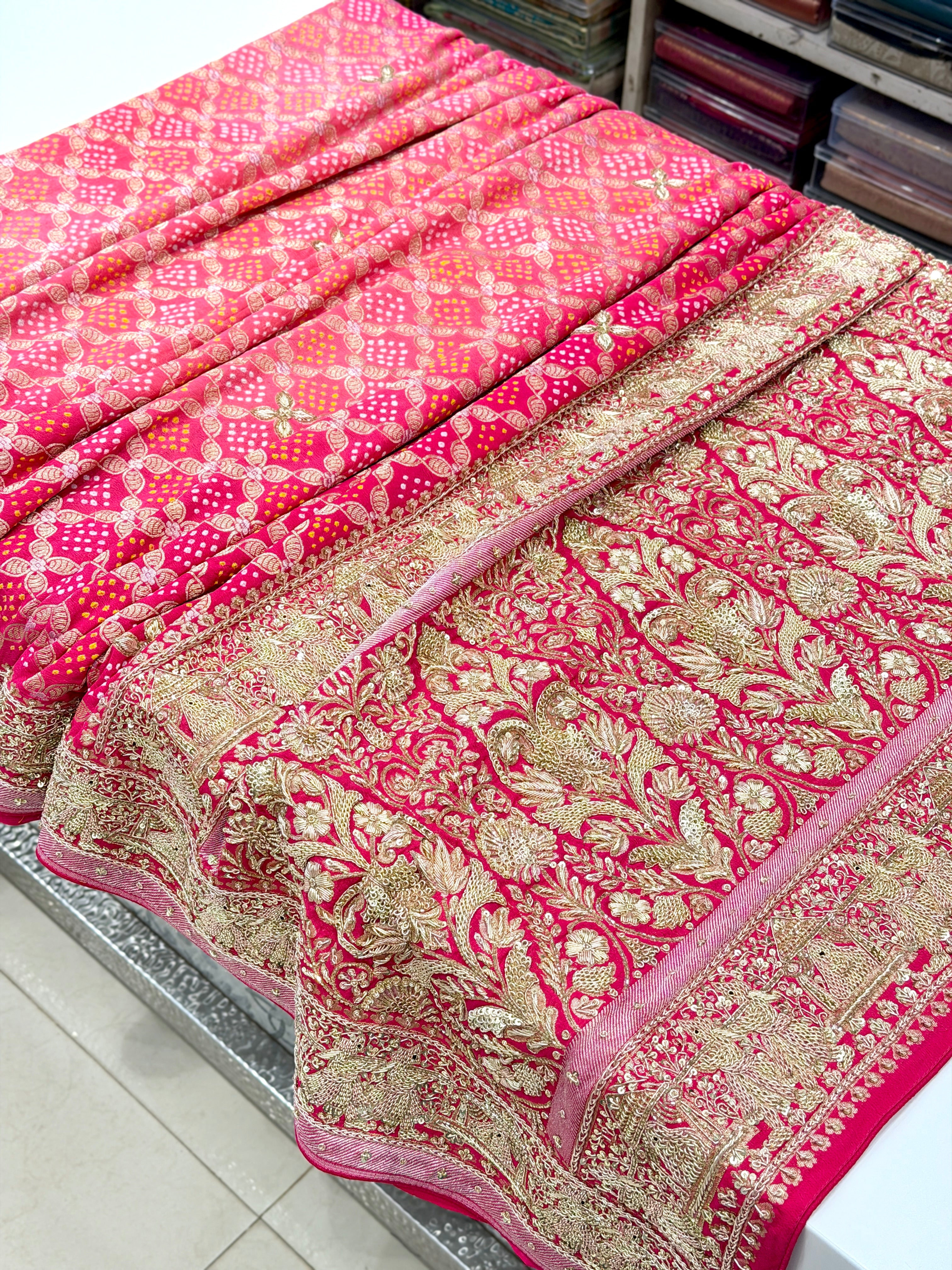 Strawberry Shaded Bandhej Zardodi Doli Edit Hand Embroidery Saree