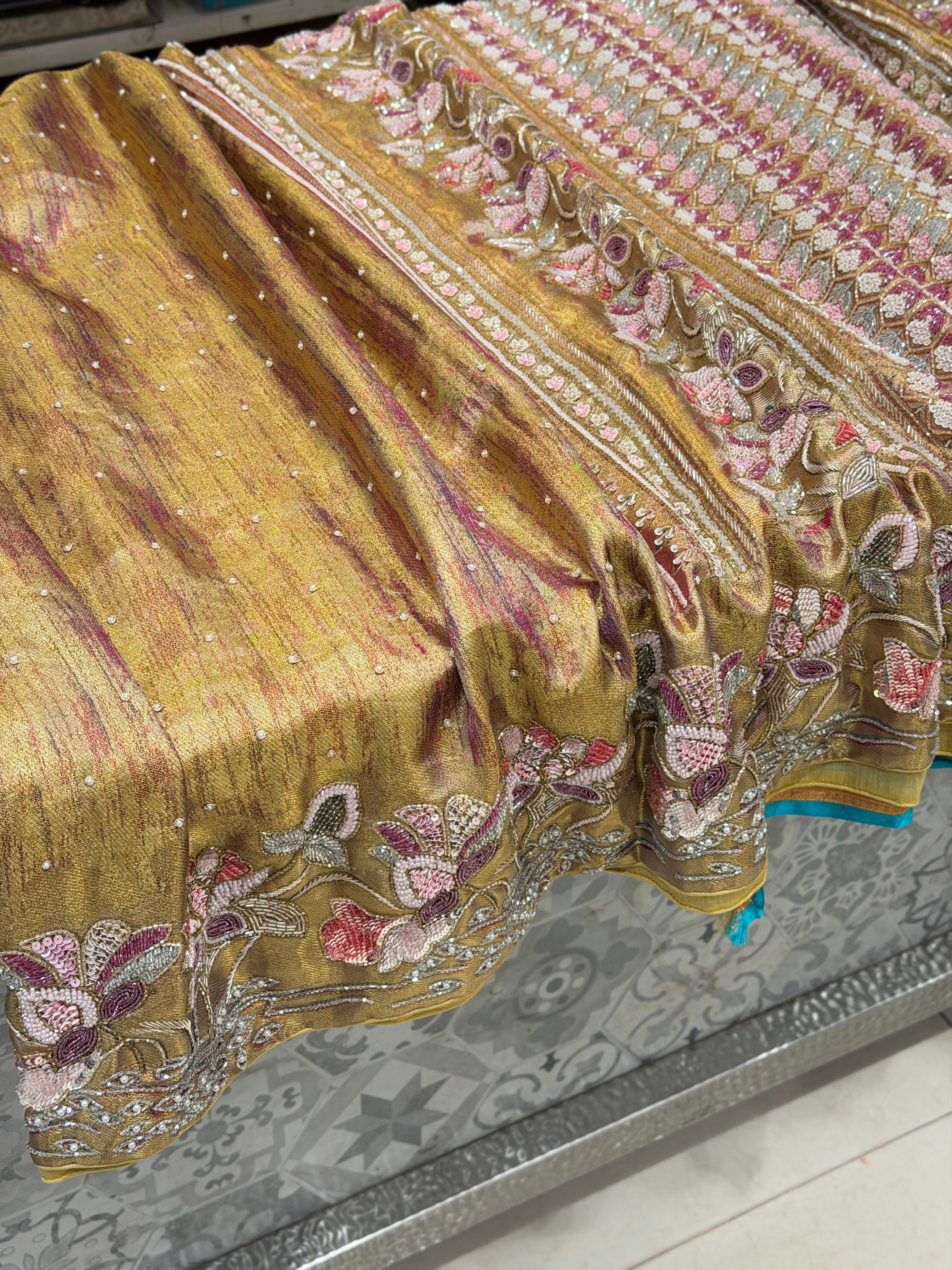 Contemporary Tissue Kanjivaram Moti Zardosi Hand Embroidery Saree