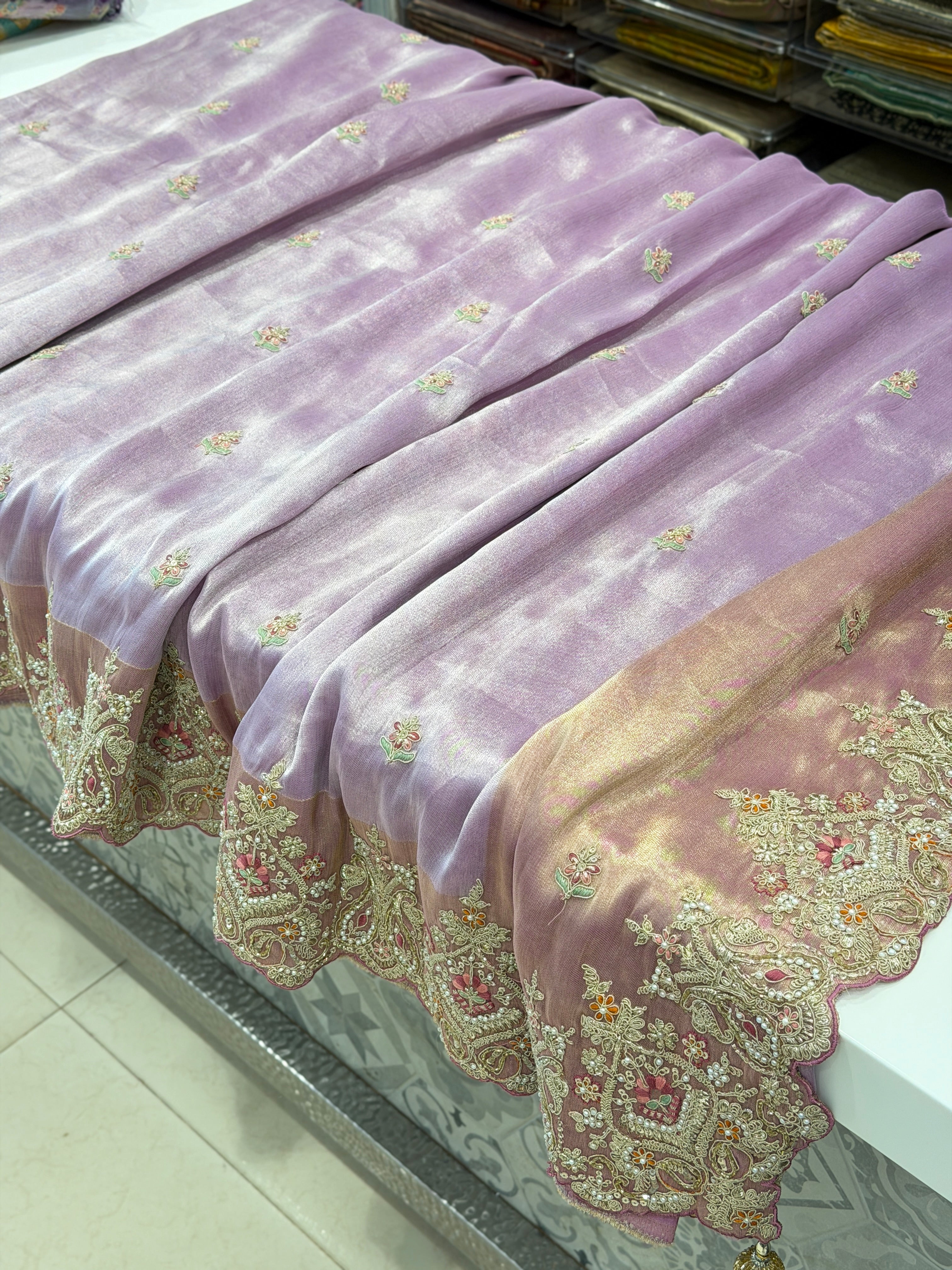 Lilac Crepe Tissue Zari Resham Embroidery SareeMoti