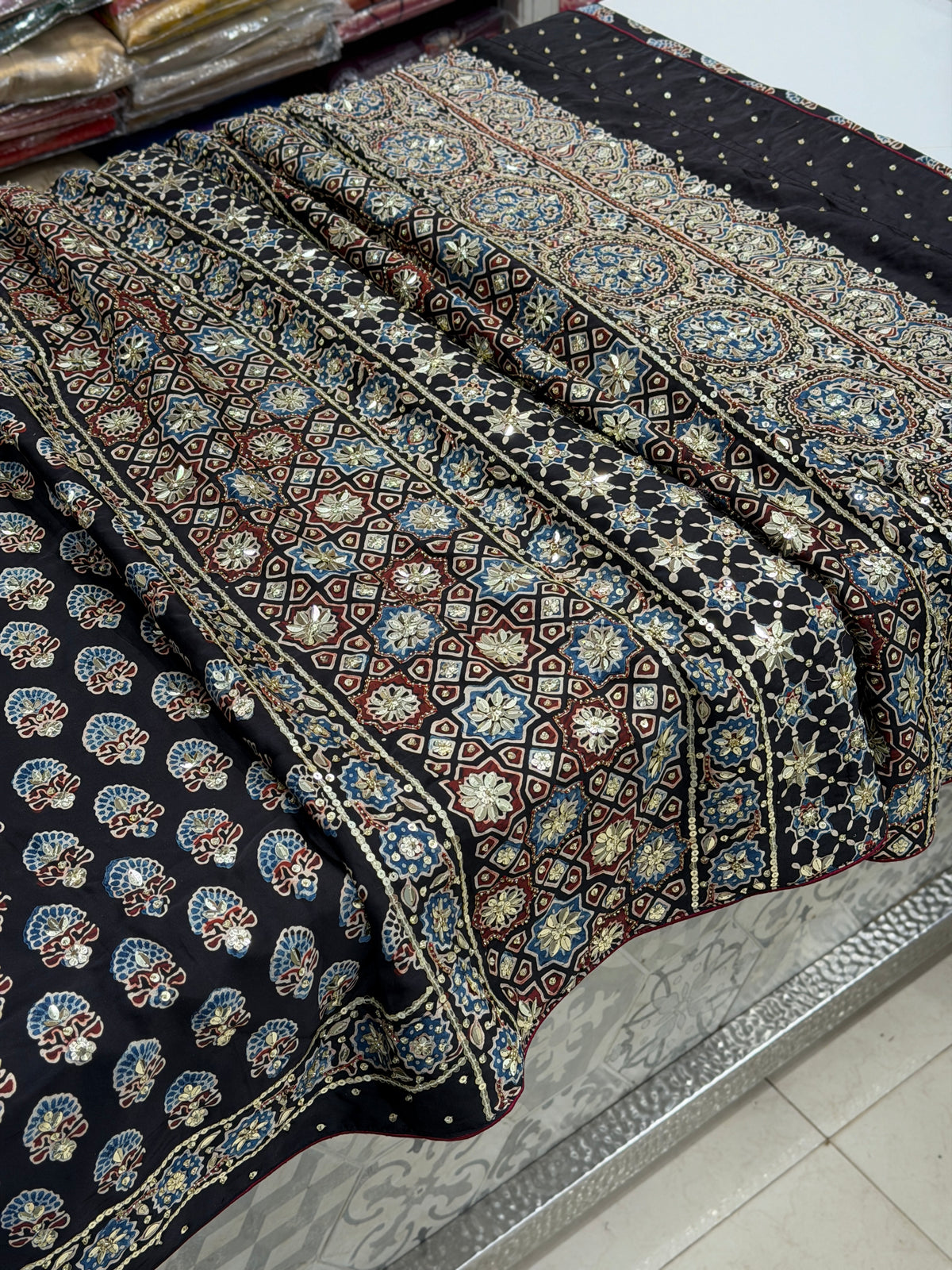 Black Keri Butti Ajrakh Sequin Moti Hand Embroidery Saree