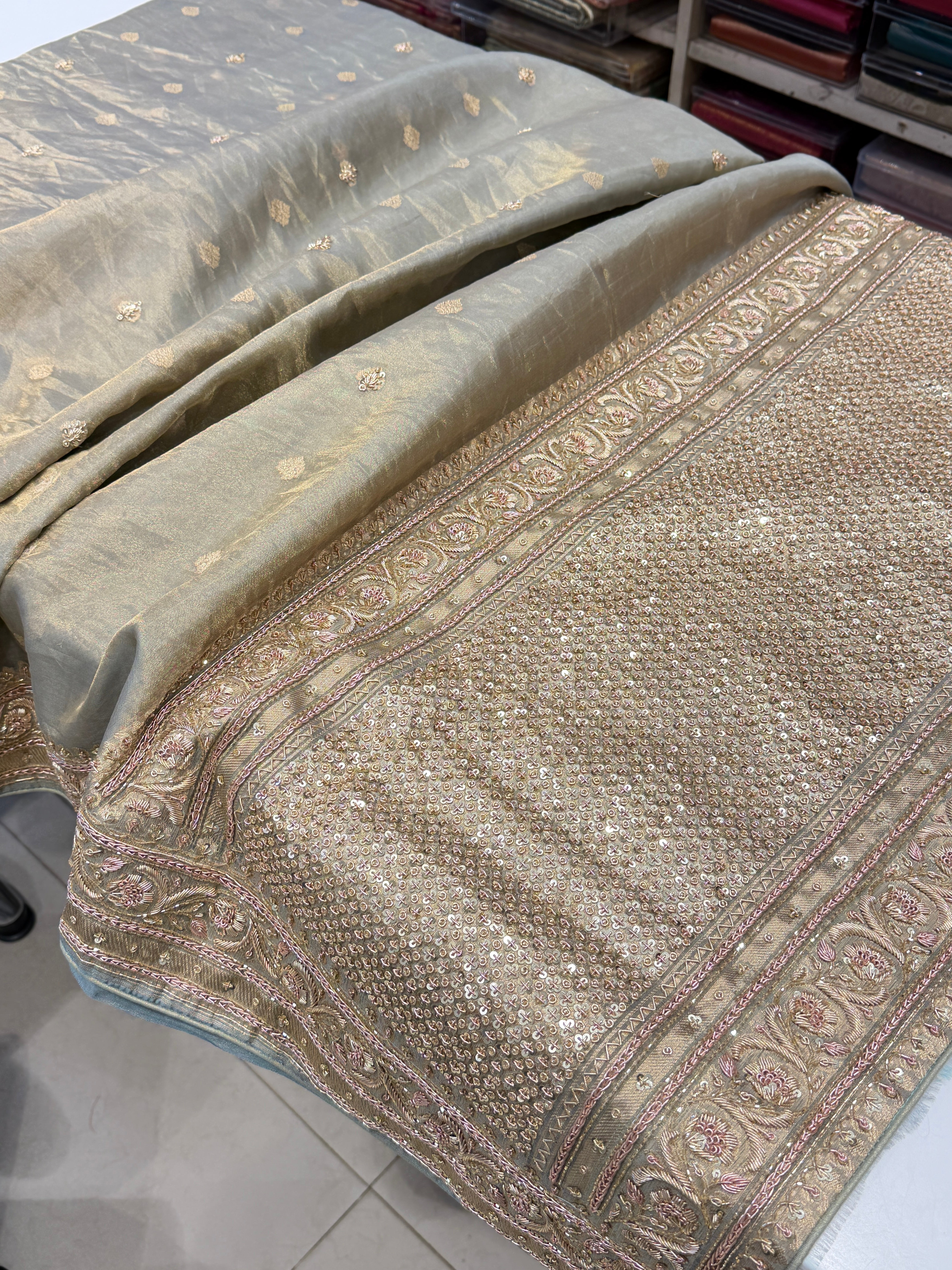 Space Blue Banarasi Tissue Handloom Kadwa Weave Zardosi Embroidery Saree