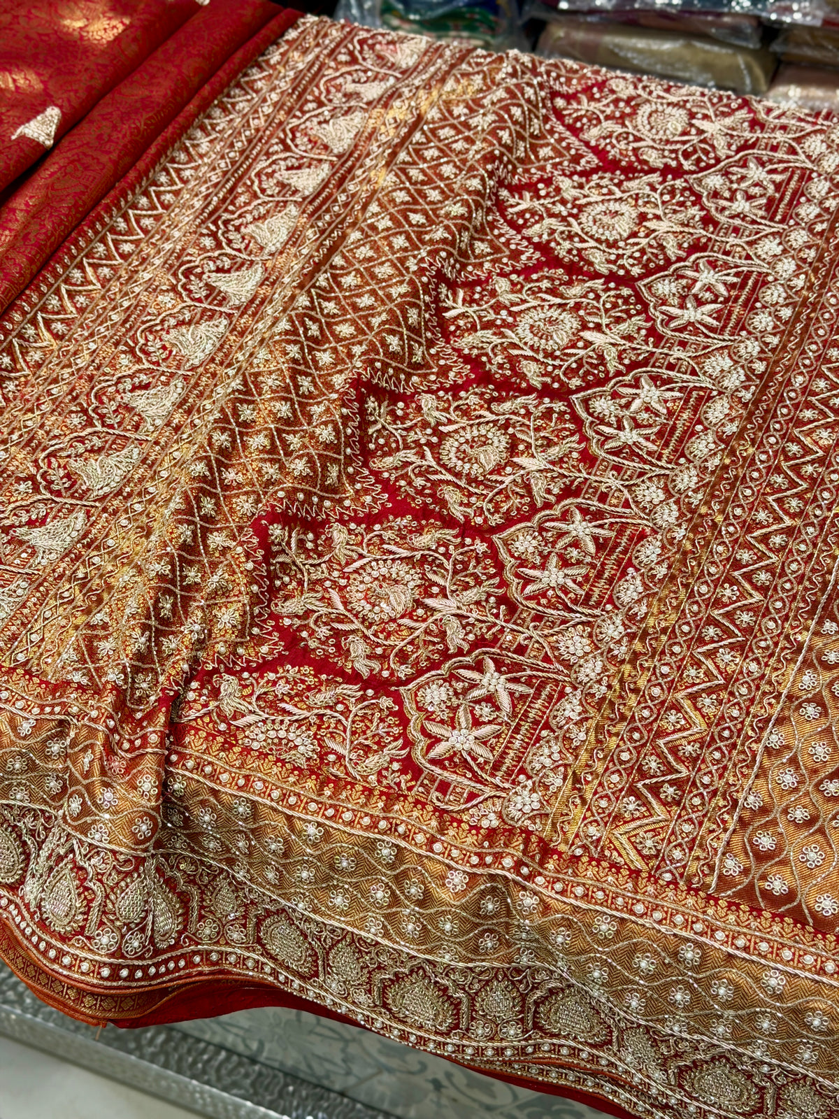 Red Kanjivaram Doli Motifs Zardosi Hand Embroidery Saree