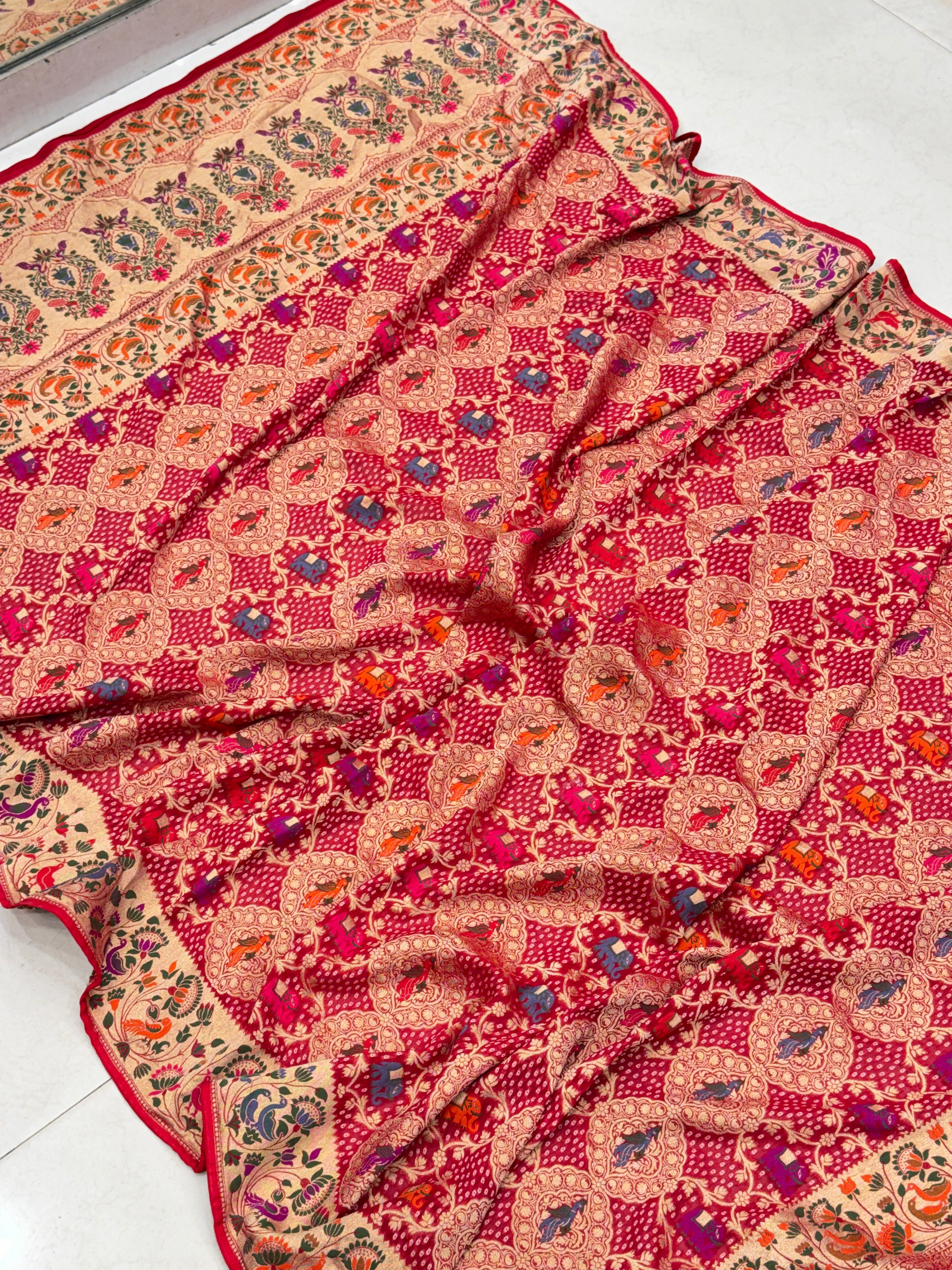 Red Woven Bandhej Dupatta Meenakari Peacock Motif