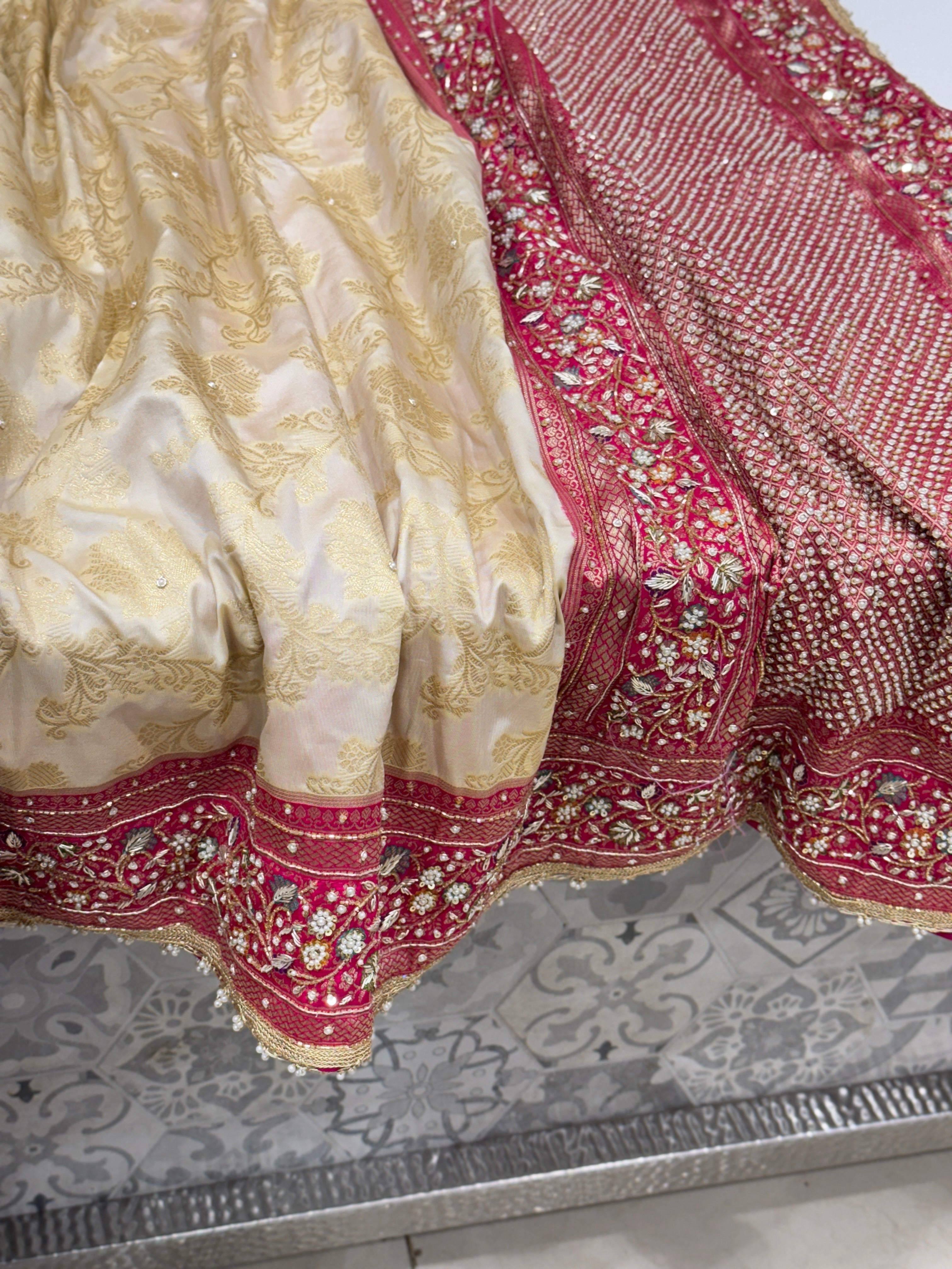 Beige Rani Banarasi Border Hand Embroidery Saree