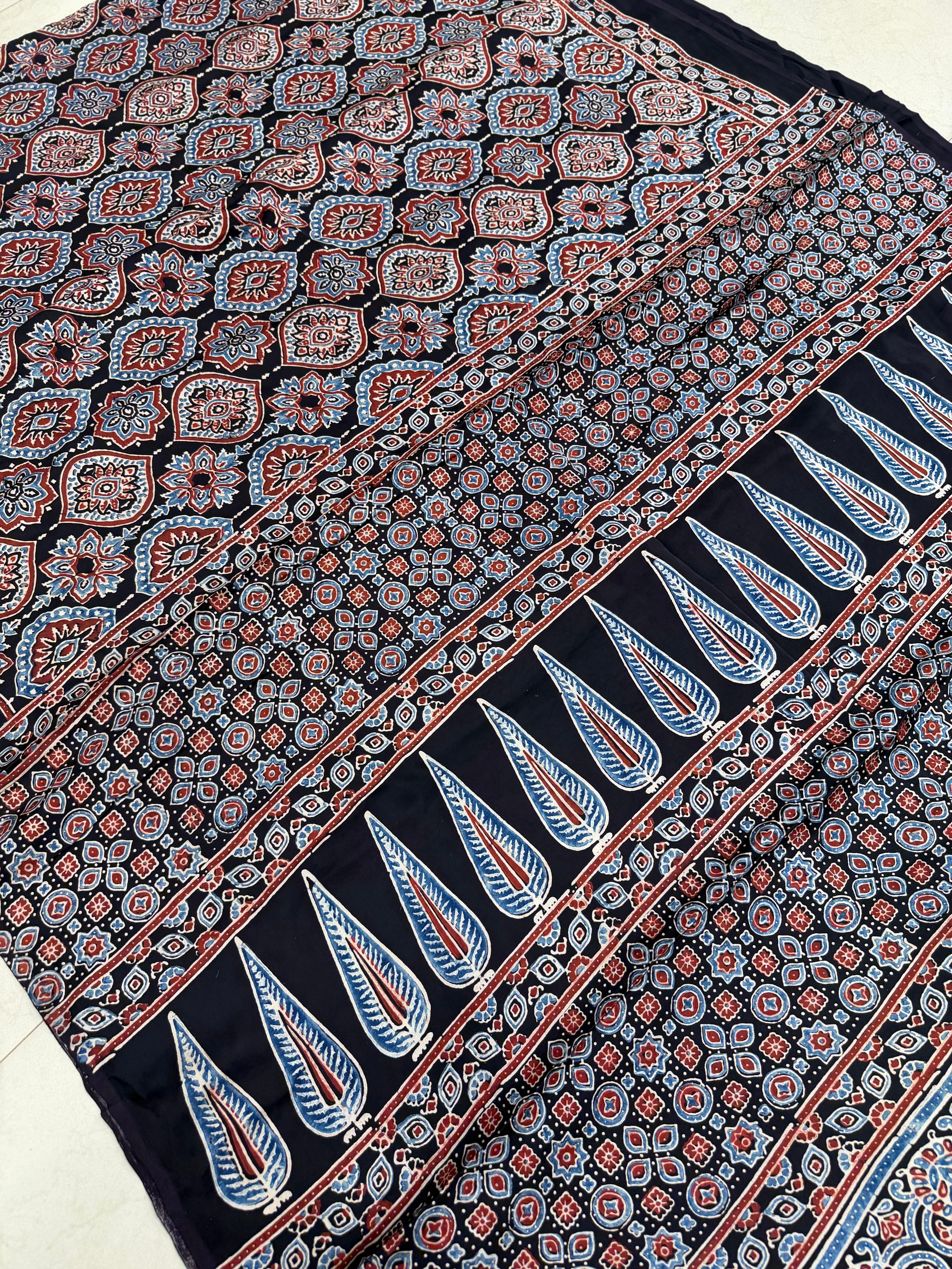 Black Badam Ajrakh Hand Block Print Pure Gajji Silk Saree