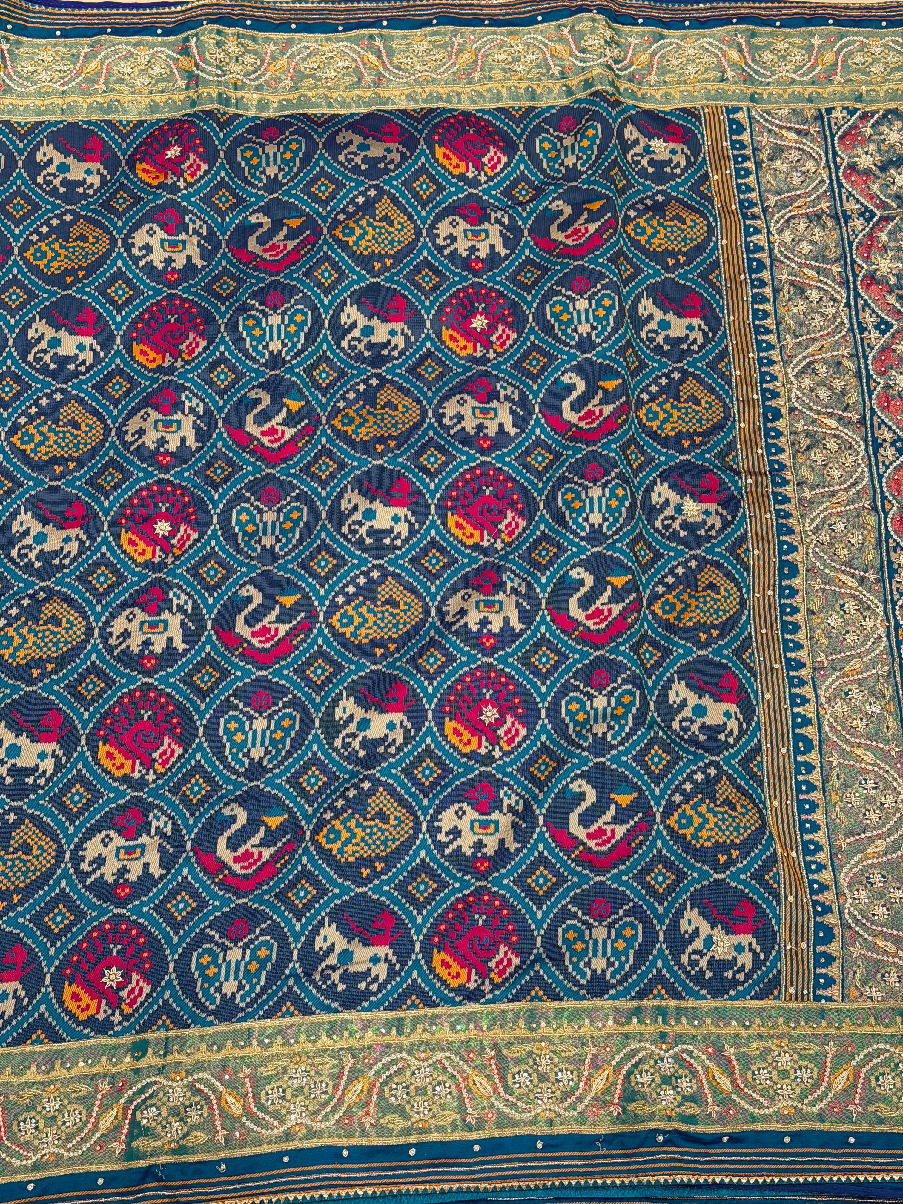 Blue Figure Banarasi Hand Embroidery Patola Saree